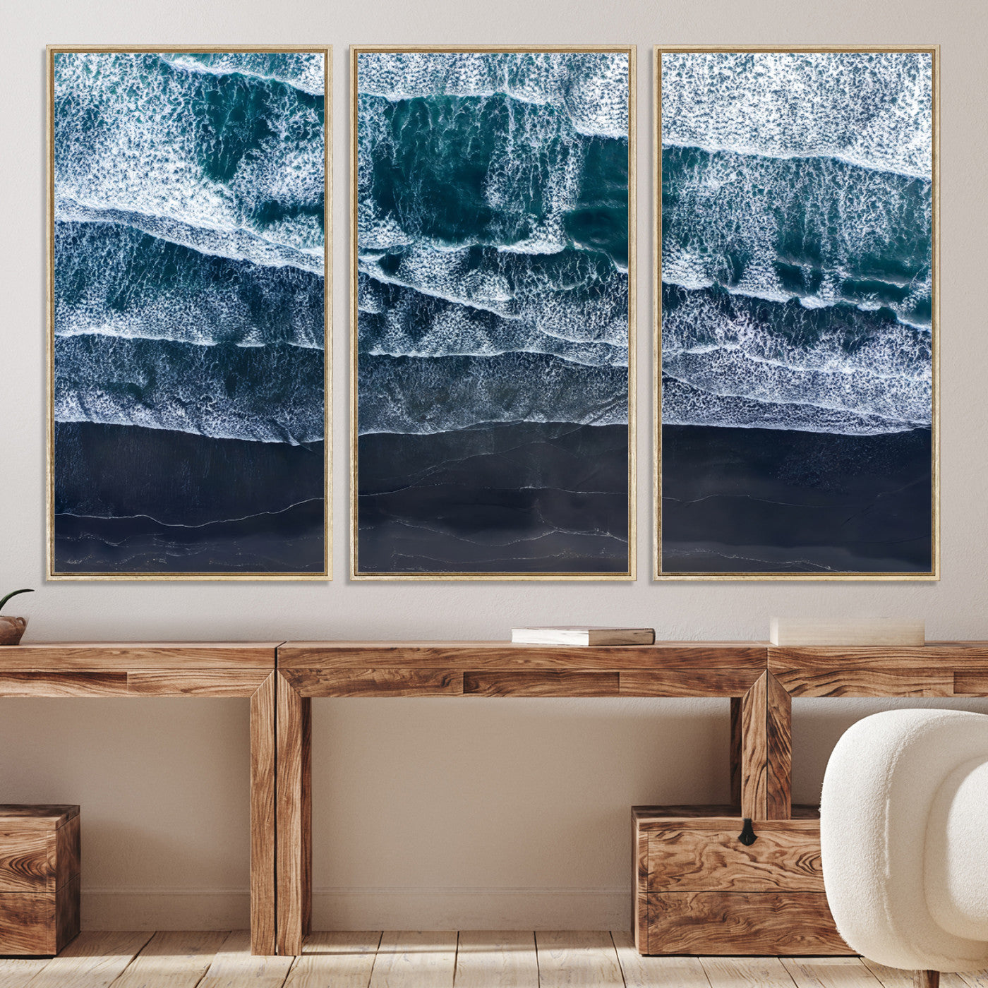 87941475-MGV-CV-36X24-Black Beach Wall Art Canvas Print – Framed Aerial Ocean View Moody Coastal Seascape Nature Artwork for Home Office