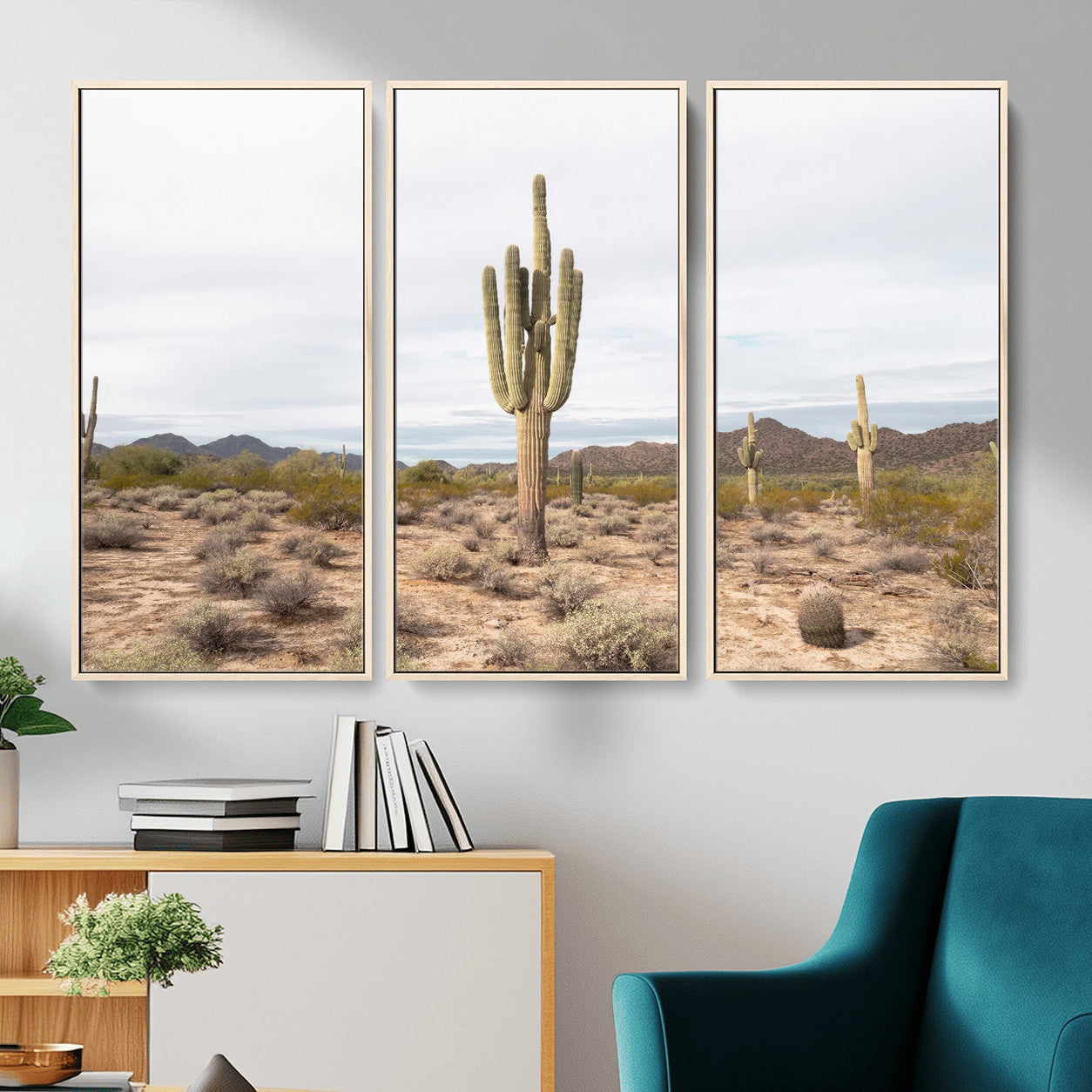 MGV-FC-48X32-3P - Saguaro Cactus Wall Art Canvas Print, Framed Desert Cactus Art Picture Print, Earthy Desert Perfect Southwestern Boho Decor Artwork