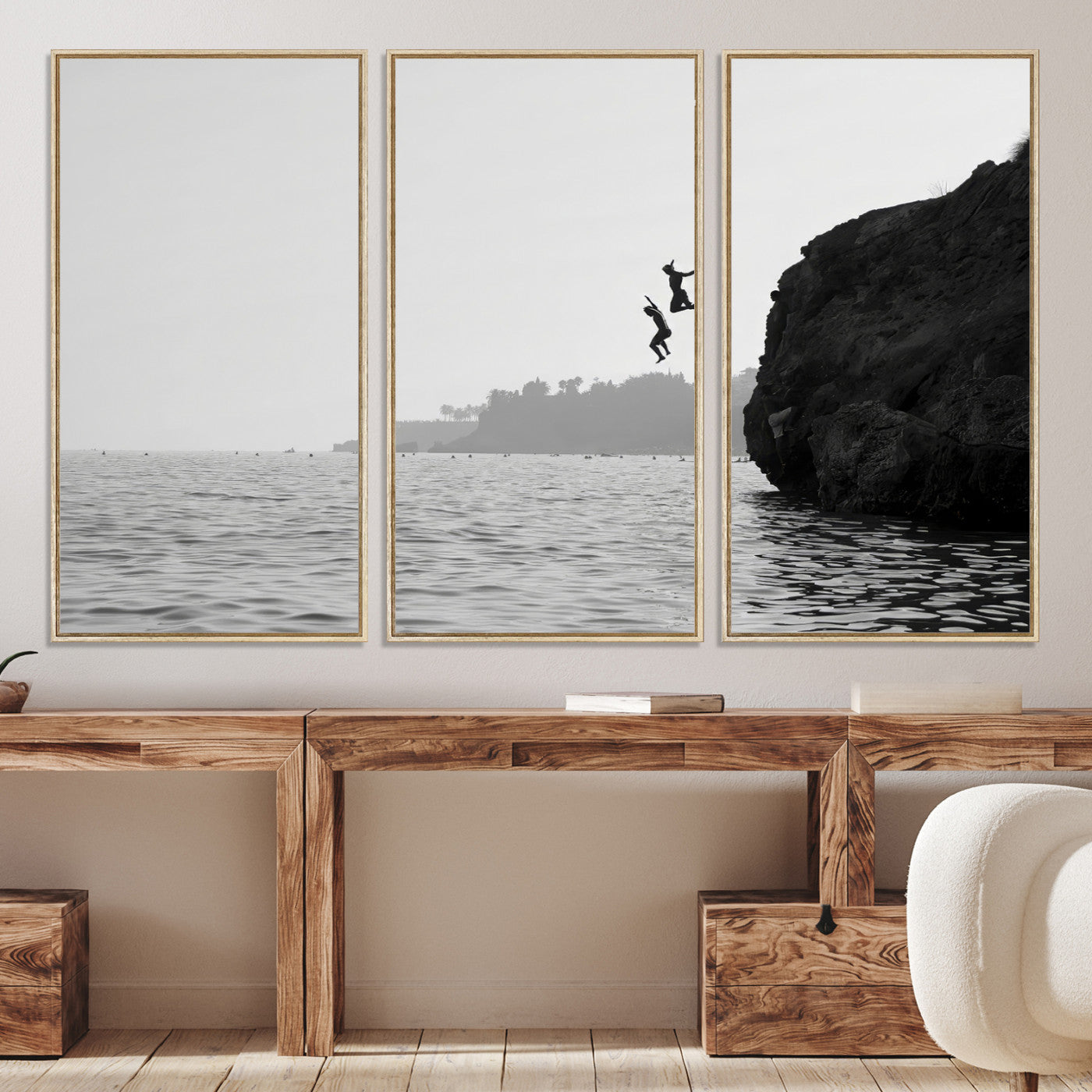 52284302-MGV-CV-36X24-Jumping Wall Art Canvas Print – Framed Coastal Ocean Scene Artwork for Relaxing Beach Home, Office Decor