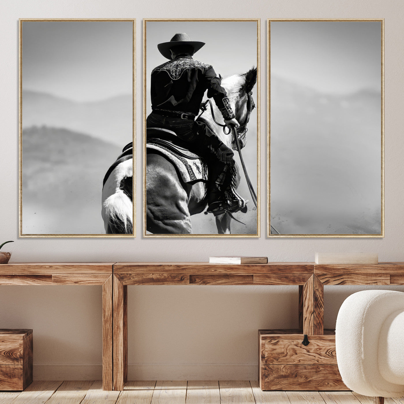 83102464-MGV-CV-36X24-Western Wall Art Canvas Print – Framed Cowboy and Horse Scene Artwork for Rustic Western Home, Office Decor