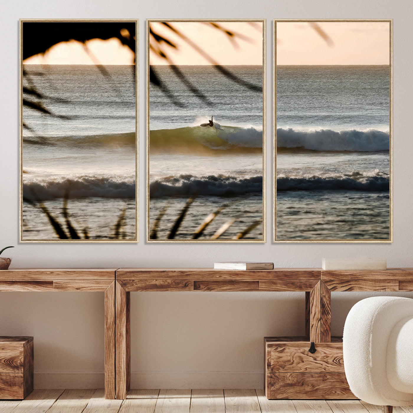 -Sunset Surf Wall Art Canvas Print, Framed Golden Hour Art Picture Print, Waves Perfect Boho Decor,