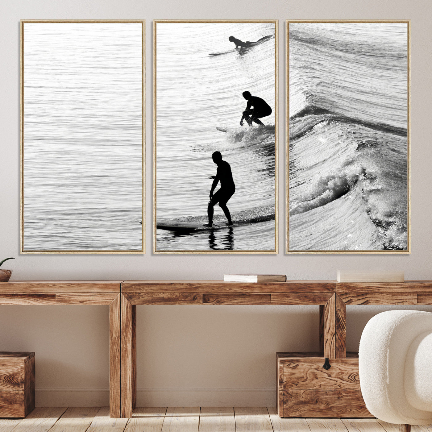 -Surfers on Waves Wall Art Canvas Print, Framed Black White Surf Art Picture Print, Monochrome Ocean