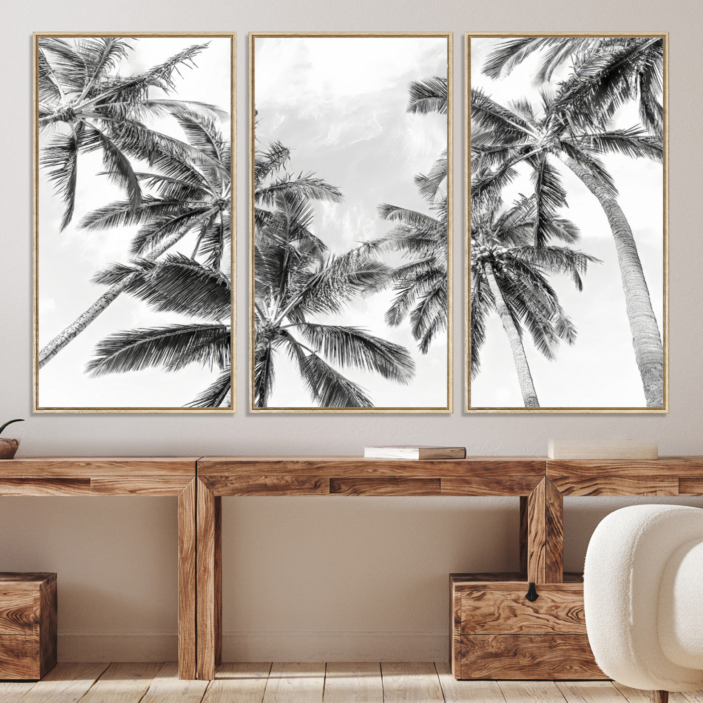 62113786-MGV-CV-36X24-Black and White Palm Wall Art Canvas Print – Framed Monochrome Tropical Beach Scene Artwork for Modern Home, Office Decor