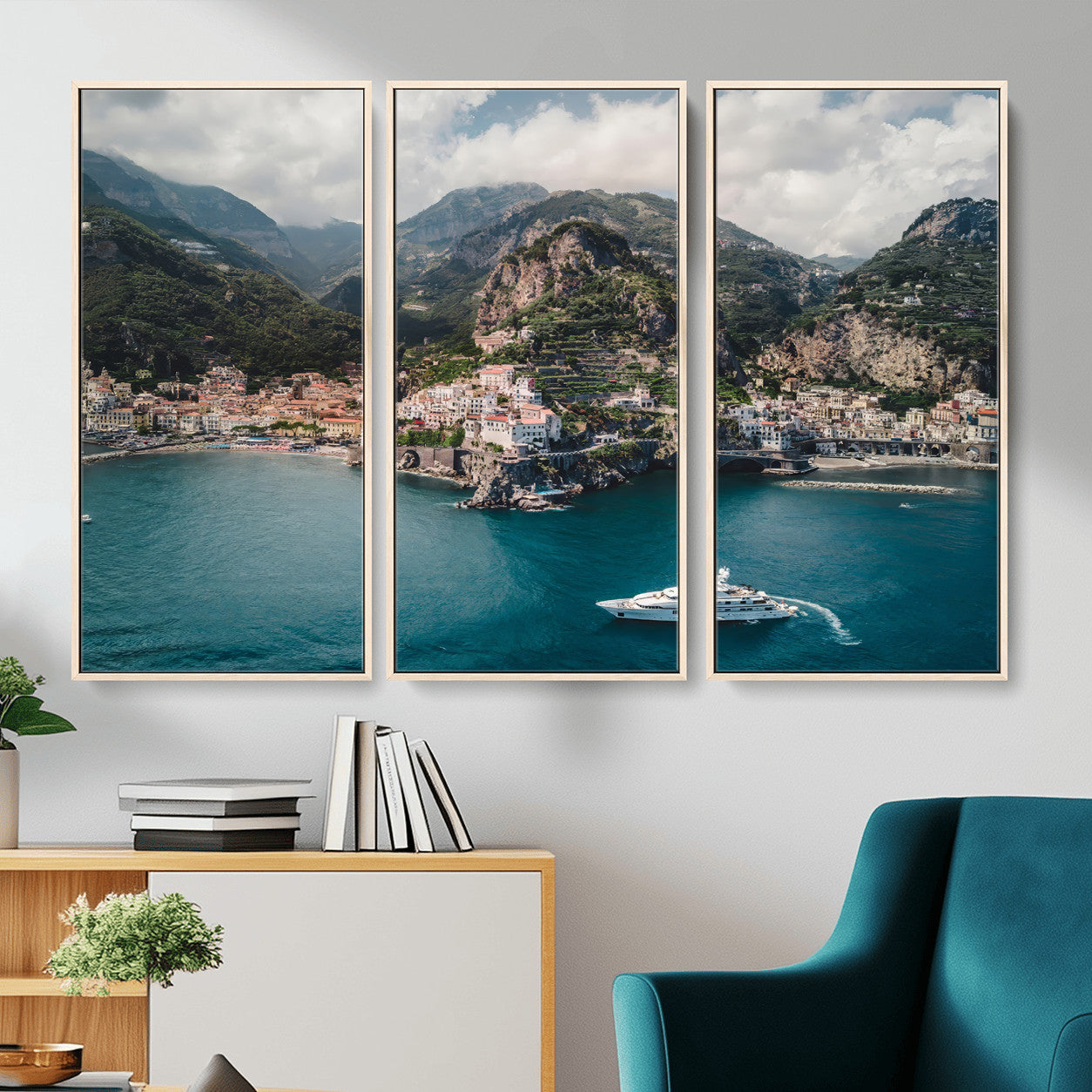 20321590-MGV-CV-36X24-Amalfi Coast Wall Art – Framed Italian Seaside Canvas Artwork, Mediterranean Landscape Design, Coastal Decor for Home, Office