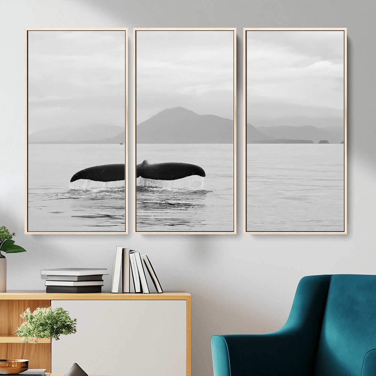 MGV-FC-48X32-3P - Whale Tail Wall Art Canvas Print, Framed Black White Ocean Art Picture Print, Calm Marine Perfect Minimalist Coastal Decor Artwork