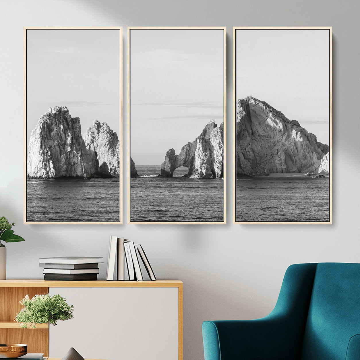 MGV-FC-48X32-3P - Rugged Coastline Wall Art Canvas Print, Framed Ocean Cliffs Art Picture Print, Monochrome Seascape Perfect Coastal Minimalist Decor Artwork