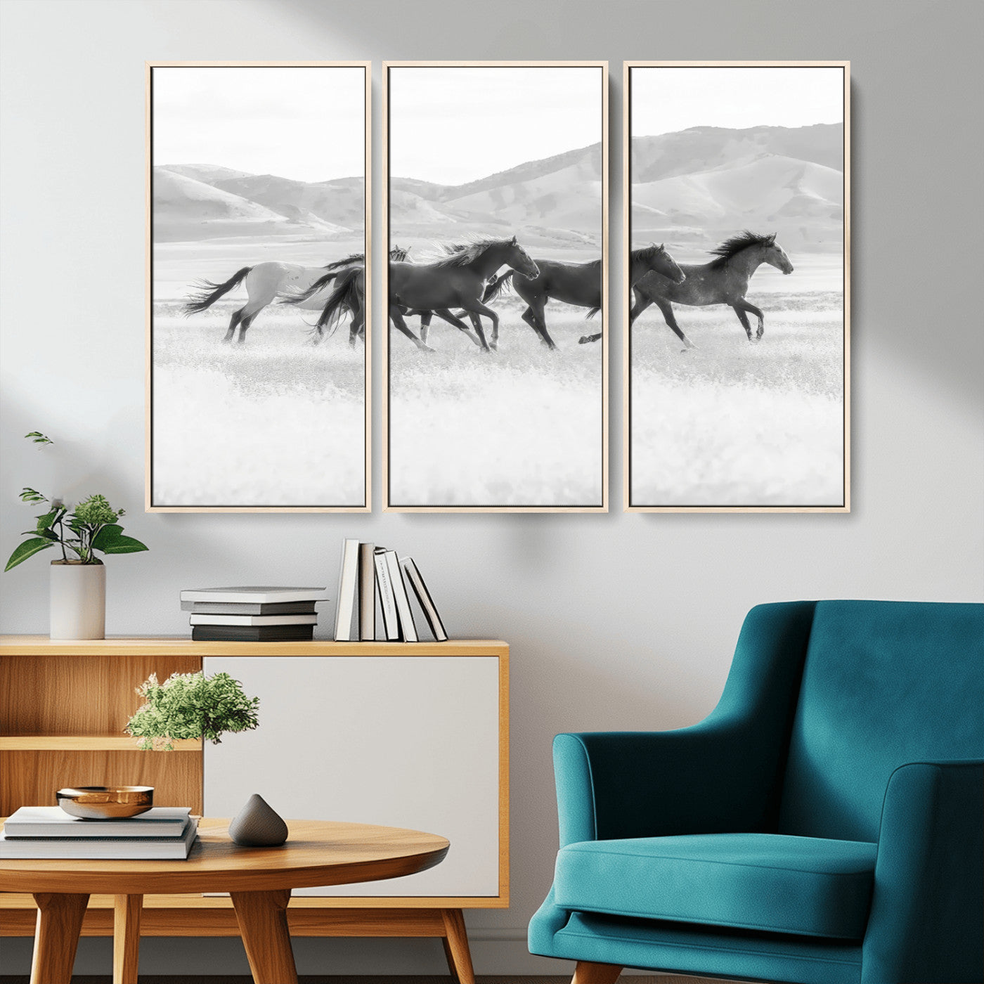 MGV-FC-48X32-3P - Wild Horses Wall Art – Black & White Canvas Print of Herd Running, Nature in Motion, Freedom & Beauty Decor for Guest Room, Office or Living Room