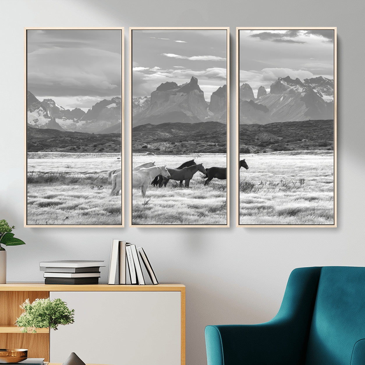 MGV-FC-48X32-3P - Wild Horses Wall Art Canvas Print, Framed Black White Mountains Art Picture Print, Rustic Countryside Perfect Rustic Western Decor Artwork
