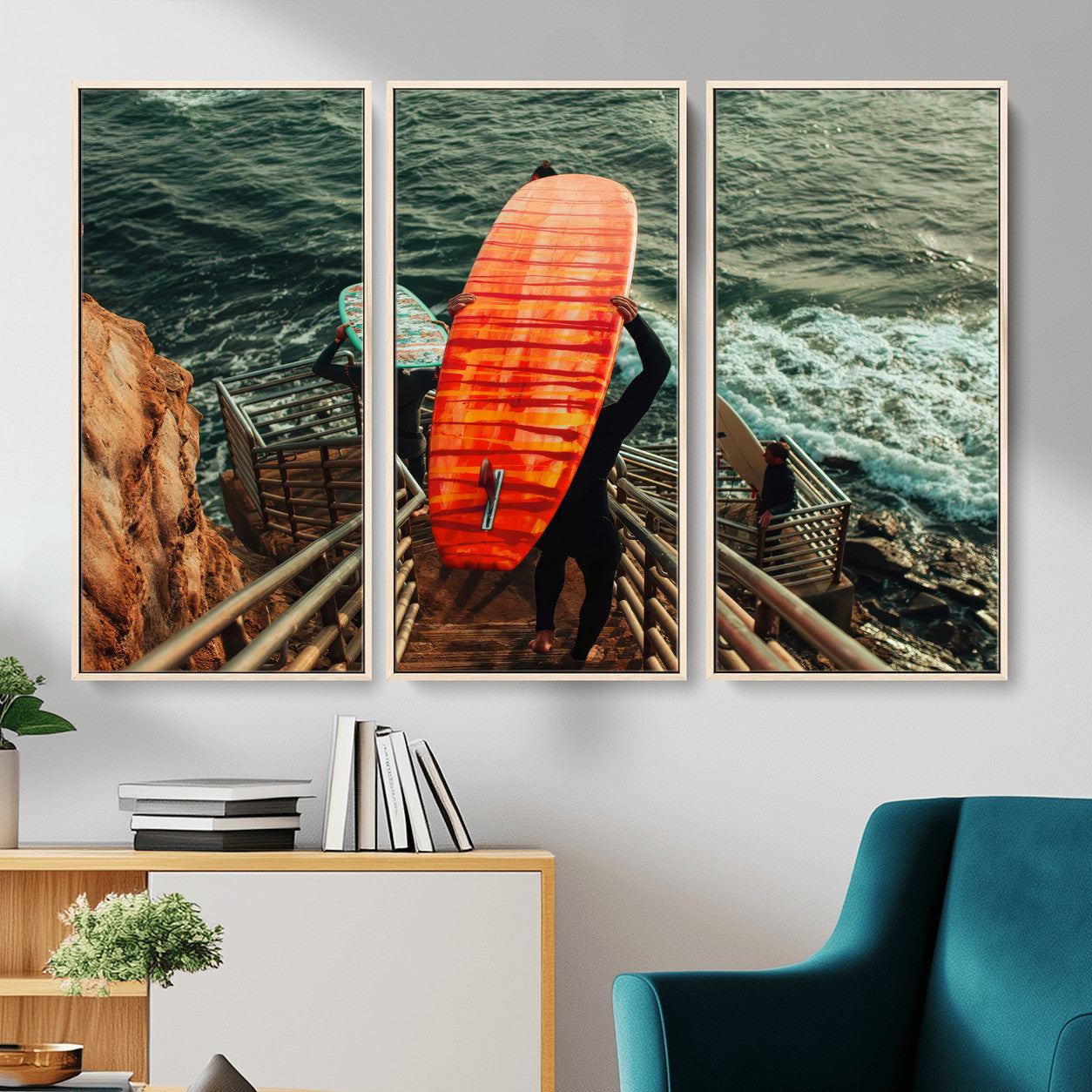 MGV-FC-48X32-3P - Surfer Stairway Wall Art Canvas Print, Framed Ocean Surf Art Picture Print, Sunset Coastal Perfect Coastal Adventure Decor Artwork