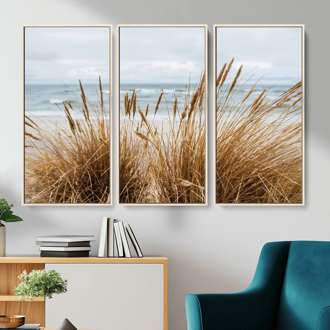 14270839-MGV-CV-36X24-Beach Grass Wall Art – Framed Coastal Dunes Canvas Artwork, Minimal Seaside Design, Modern Coastal Decor for Home, Office