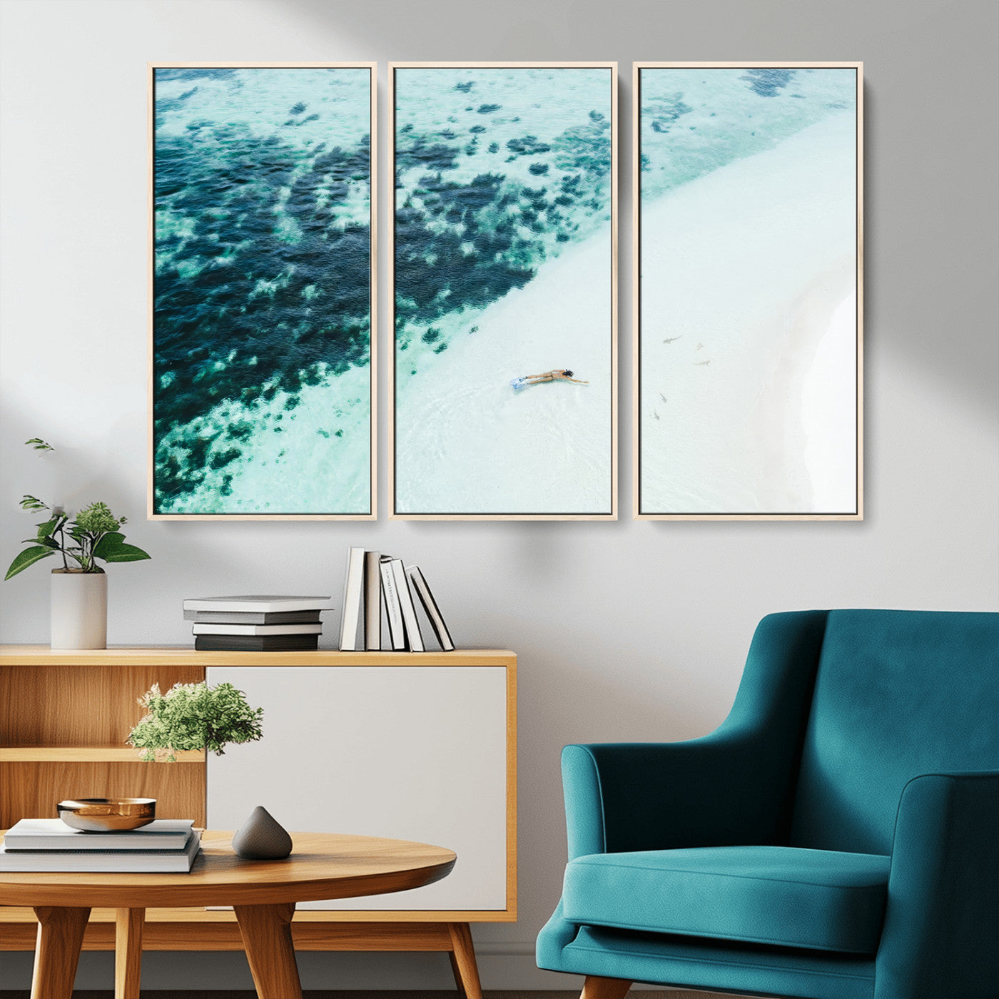 33764764-MGV-CV-36X24-Minimal Beach Wall Art – Framed Ocean Swimming Canvas Artwork, Clear Blue Sea Design, Modern Coastal Decor for Home, Office