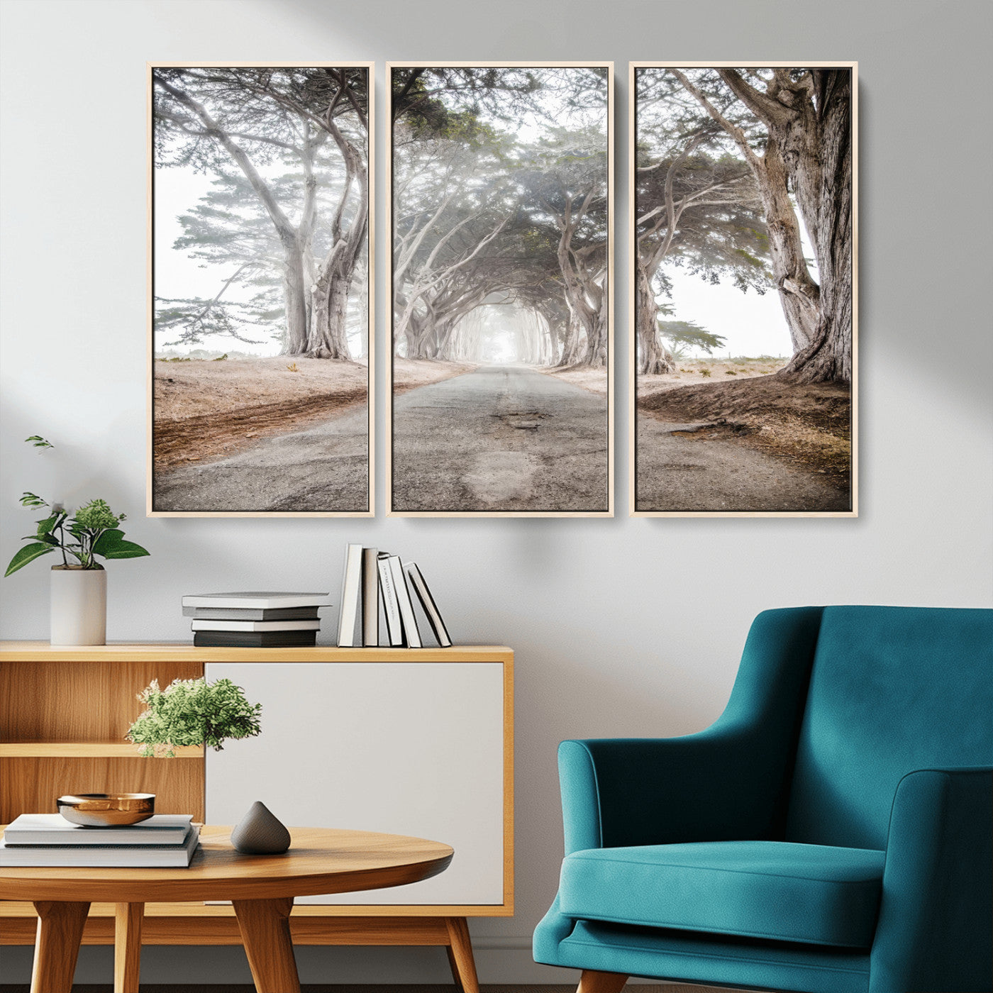 87090469-MGV-CV-36X24-Cypress Tunnel Wall Art – Framed Misty Road Canvas Artwork, Foggy Trees Design, Rustic Woodland Nature Decor for Home, Office