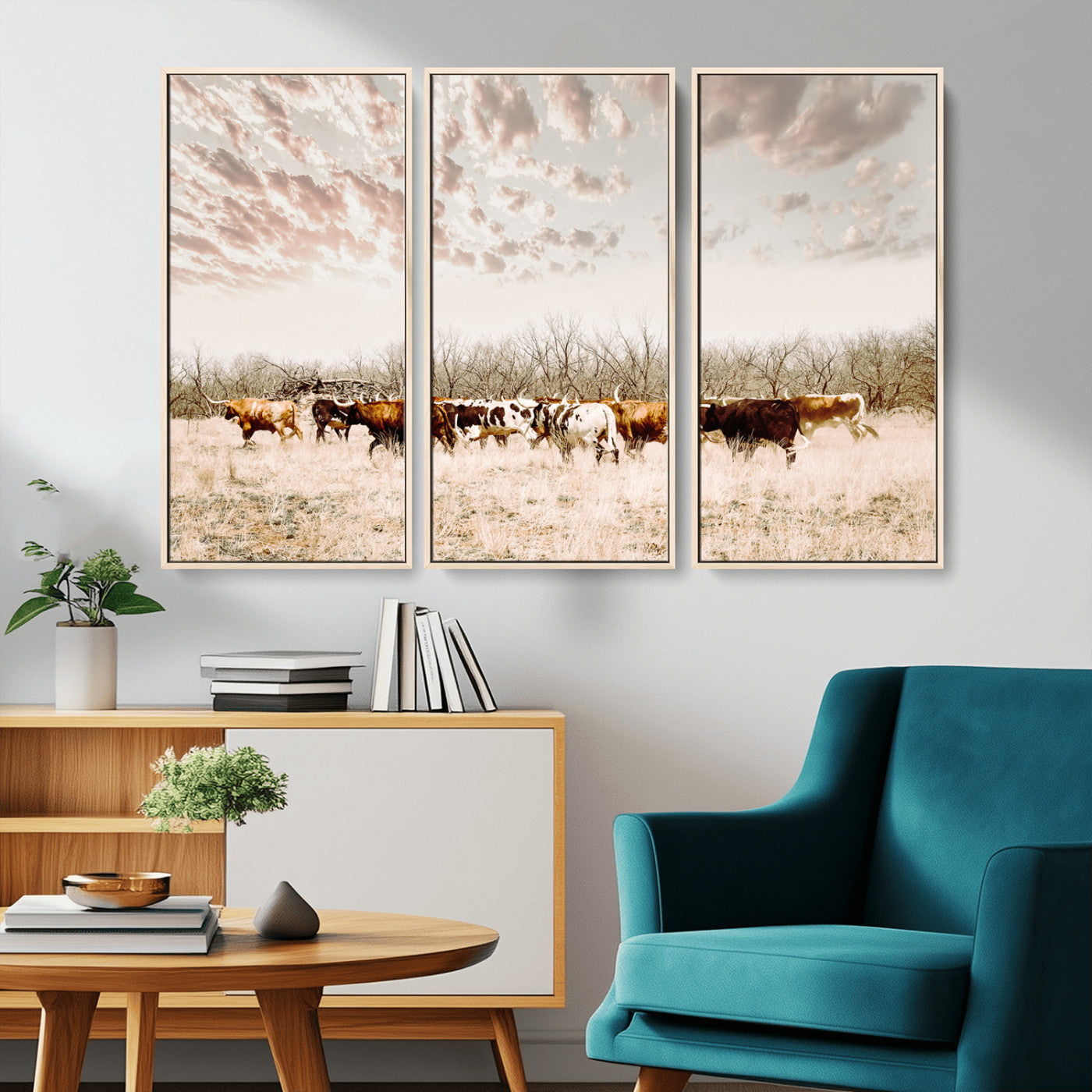 -Longhorn Cattle Wall Art Canvas Print, Framed Texas Ranch Art Picture Print, Western Cow Perfect