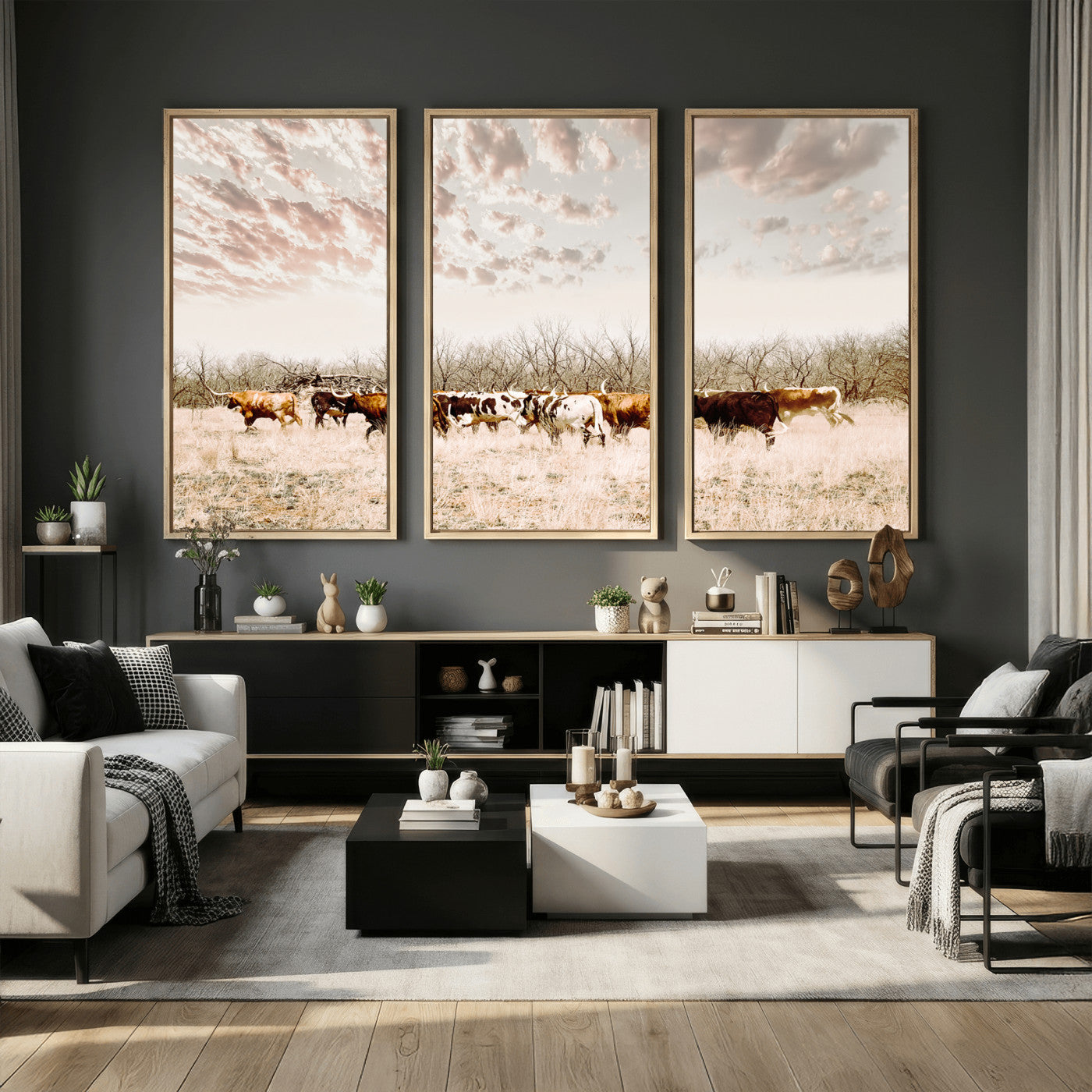 64892775-MGV-CV-36X24 - Longhorn Cattle Wall Art Canvas Print, Framed Texas Ranch Art Picture Print, Western Cow Perfect Western Decor Artwork