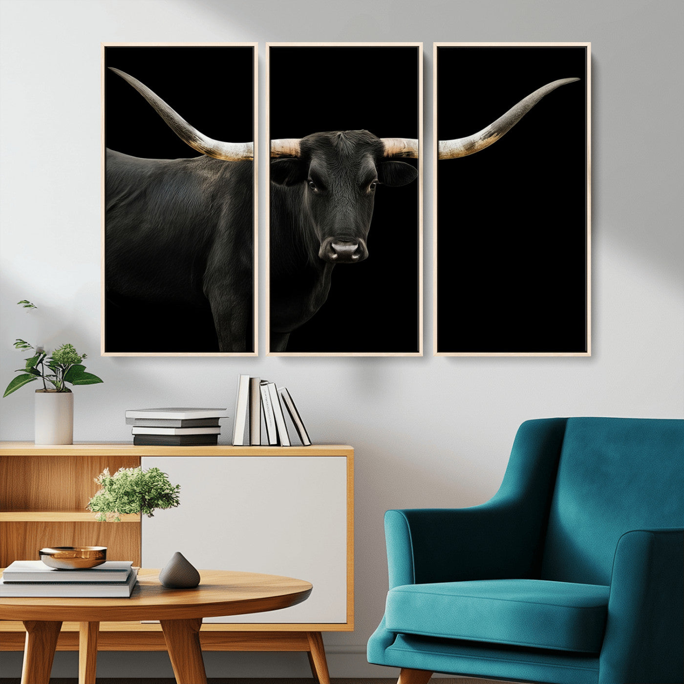99448328-MGV-CV-36X24-Longhorn Cattle Wall Art Canvas Print – Framed Texas Ranch Scene with Western Cow Artwork for Home, Office, Living Room