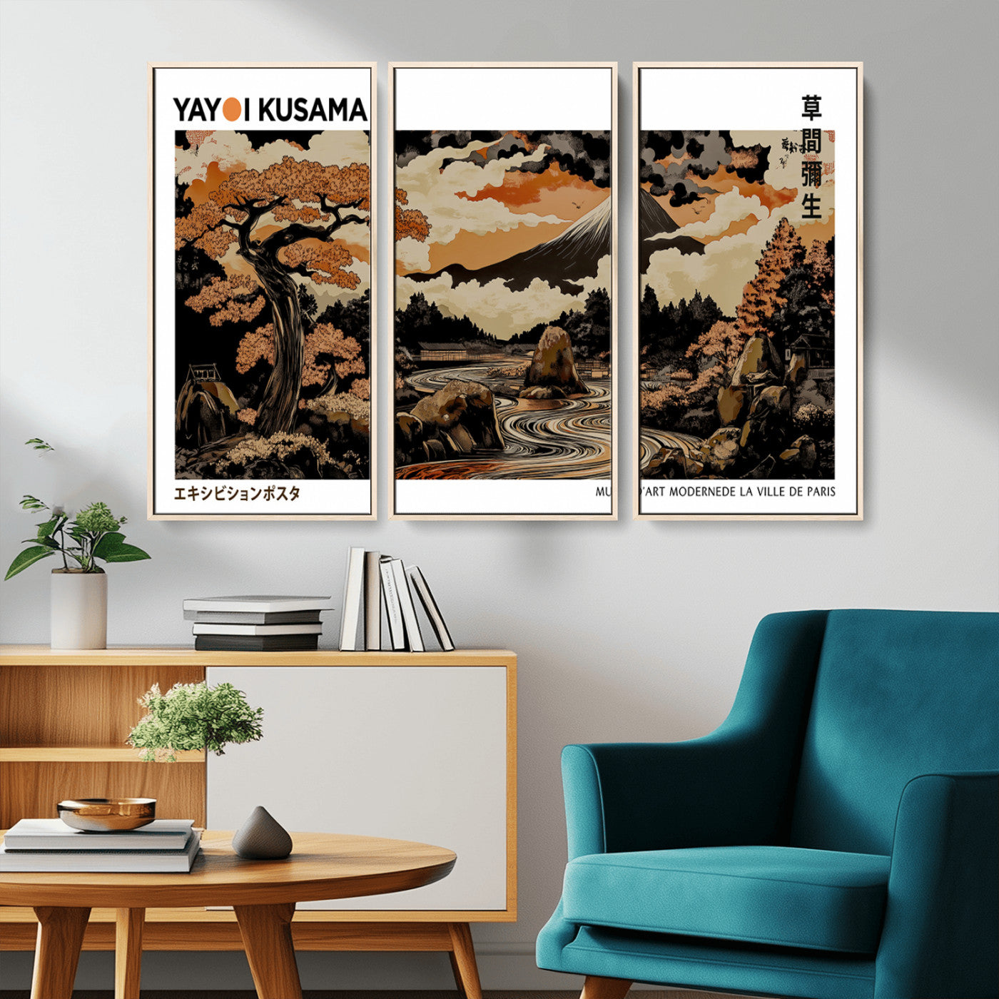 96372548-MGV-CV-36X24-Modern Japanese Wall Art Canvas Print – Framed Abstract Mount Fuji Scene with Yayoi Kusama Style Artwork for Home, Office