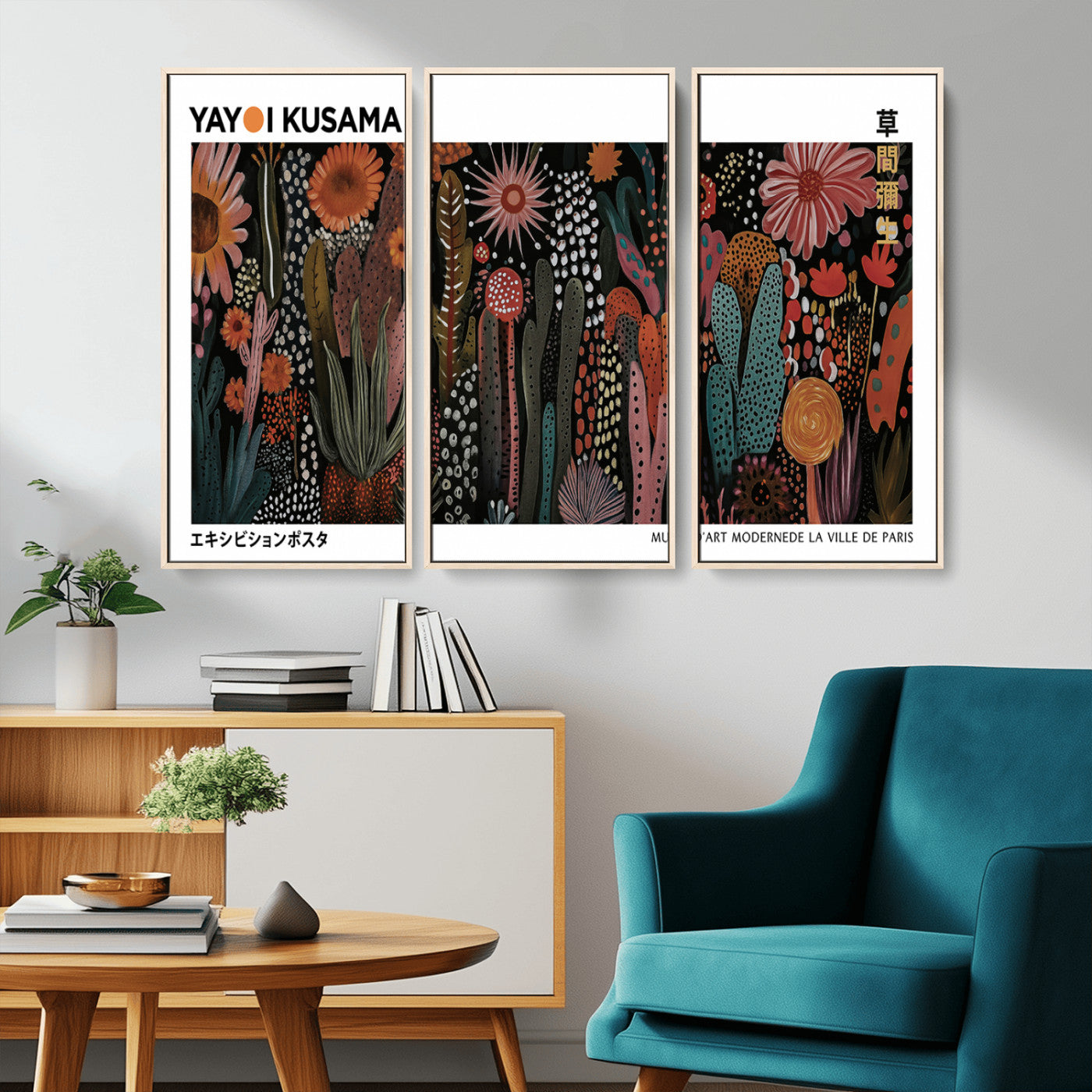 70632622-MGV-CV-36X24-Modern Japanese Wall Art Canvas Print – Framed Abstract Mount Fuji Scene with Yayoi Kusama Artwork for Home, Office