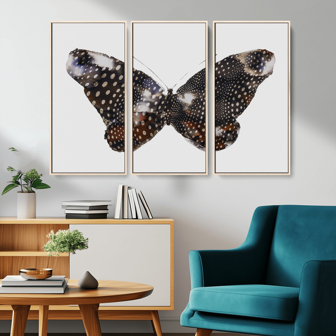 99831147-MGV-FC-48X32-3P_Natural-Spotted Butterfly Wall Art Canvas Print – Framed Neutral Insect Earthy Wing Pattern Modern Rustic Nature Artwork for Home Office