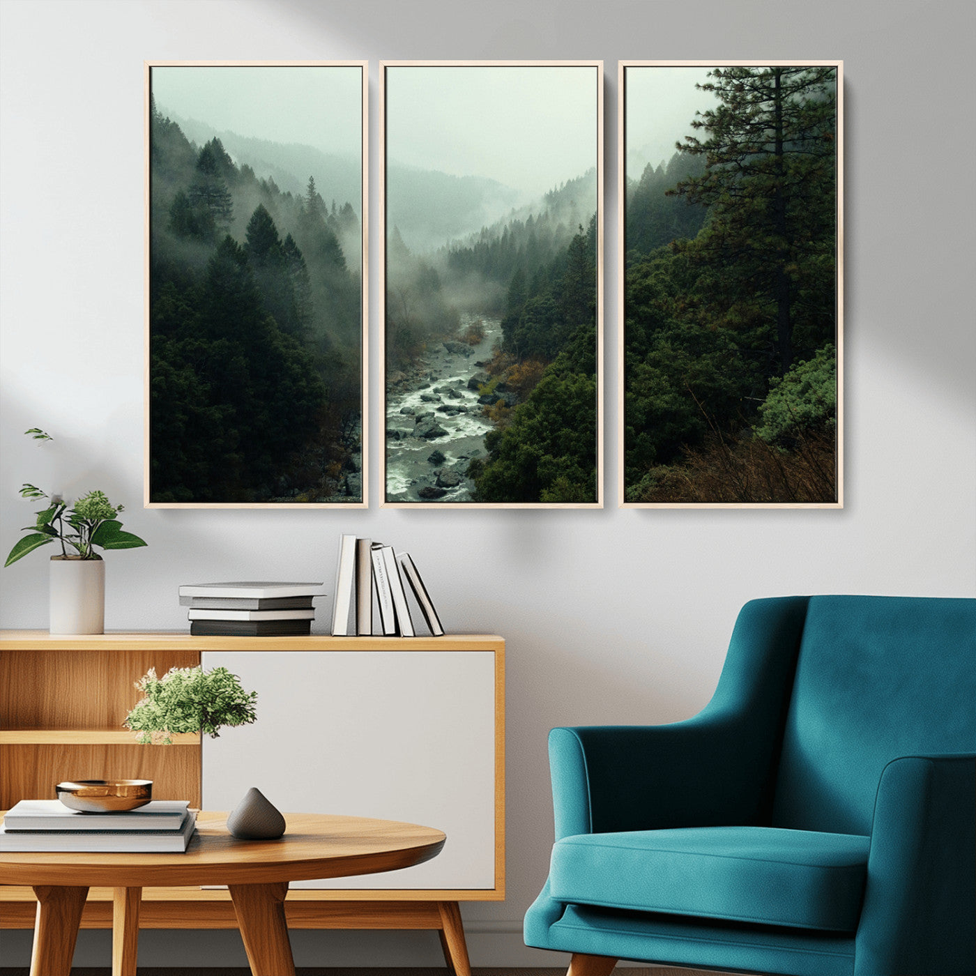 48497565-MGV-CV-36X24-Misty Forest Wall Art Canvas Print – Framed Foggy River Moody Landscape Wilderness Nature Scene Artwork for Home Office