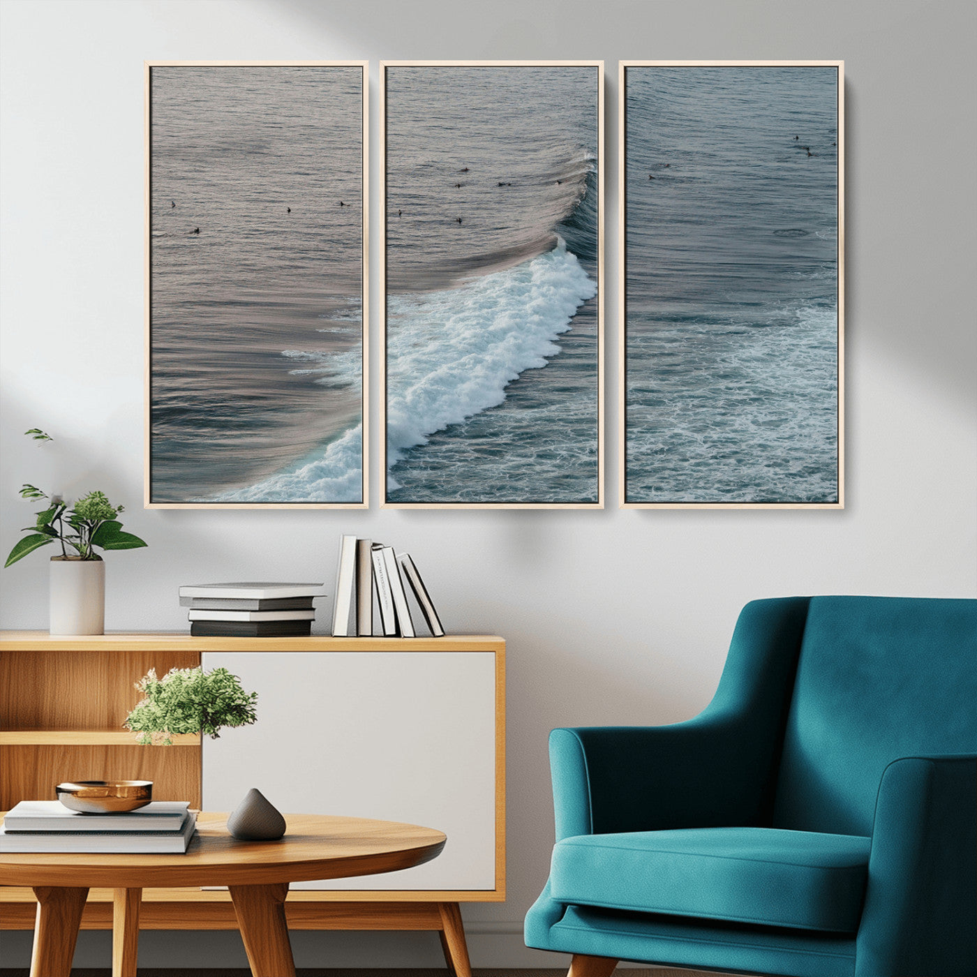 23077324-MGV-FC-48X32-3P_Natural-Ocean Waves Wall Art Canvas Print – Framed Coastal Serenity Surf Nature Scene Artwork for Home Office