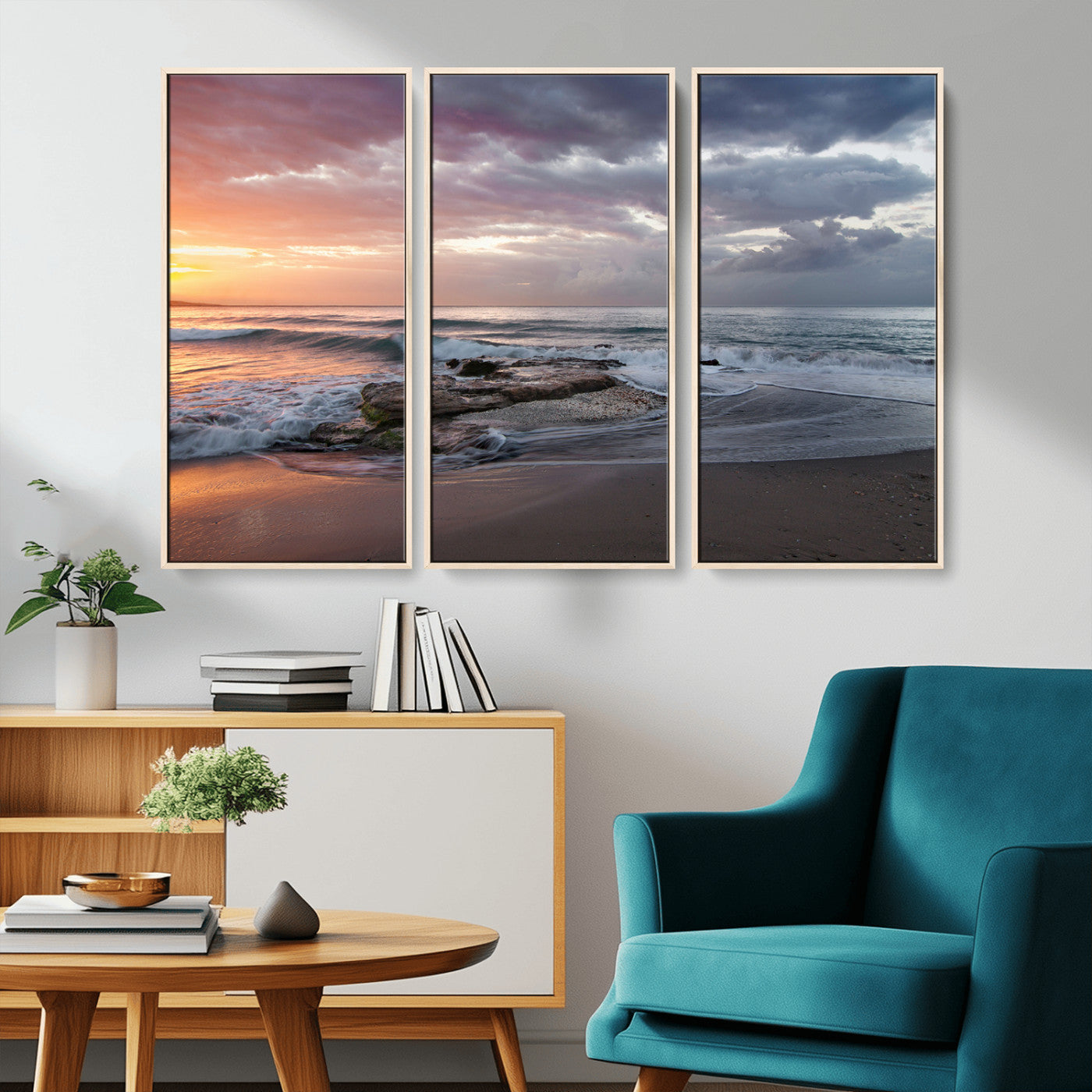 -Golden Hour Wall Art Canvas Print – Framed Tranquil Waves Beach Coastal Serenity Nature Scene Artwork for Home Office