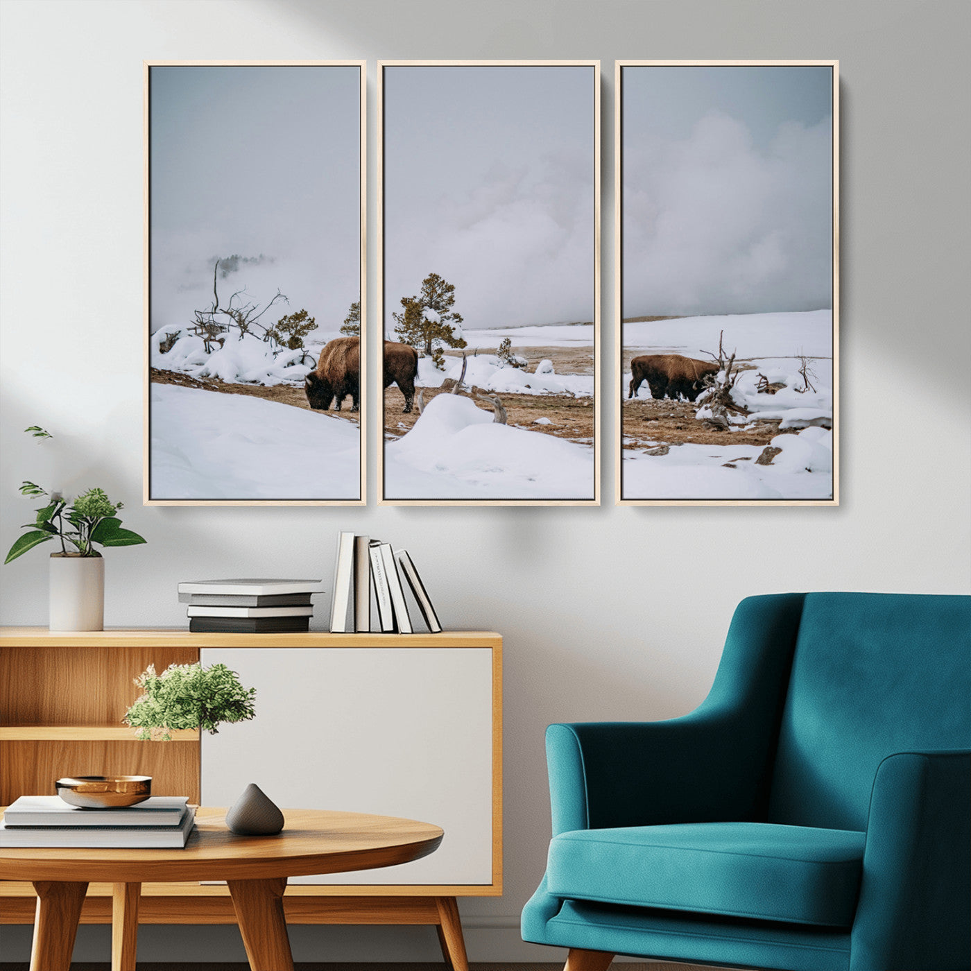 -Bison Wildlife Wall Art Canvas Print – Framed Snowy Prairie Western Rustic Nature Scene Artwork for Home Office