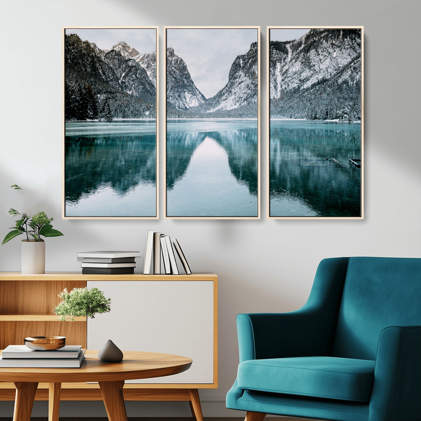 73098373-MGV-CV-36X24-Mountain Lake Wall Art Canvas Print – Framed Snowy Peaks Wonderland Nature Scene Artwork for Home Office