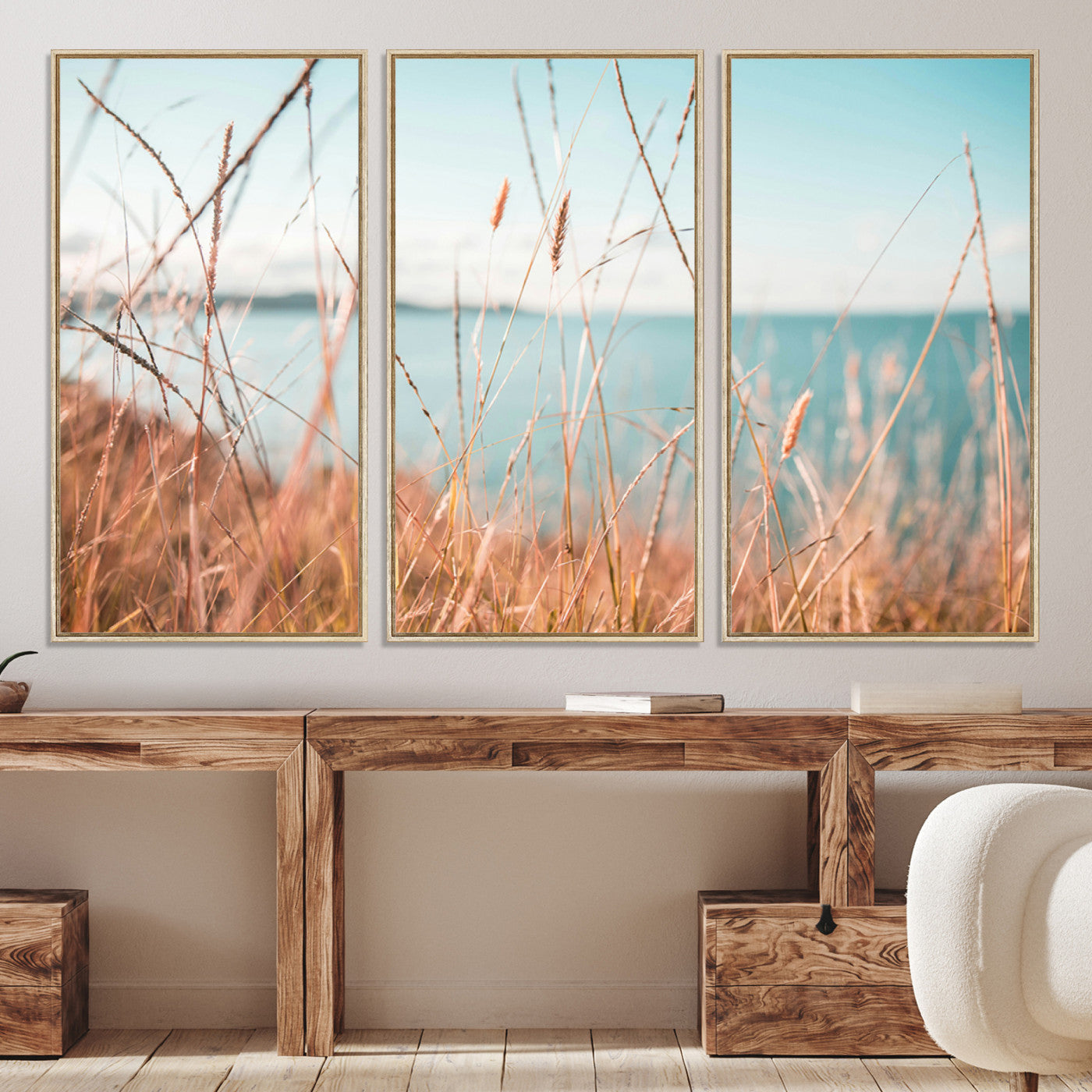 36108696-MGV-CV-36X24-Coastal Grass Landscape Wall Art Canvas Print – Golden Shoreline Nature Scene Serene Ocean View Artwork for Home Office