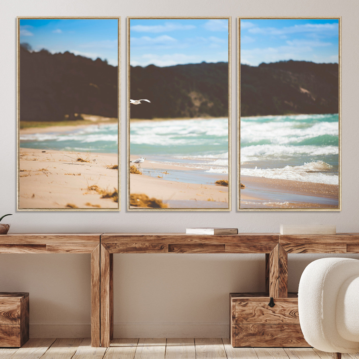 -Tranquil Beach Scene Wall Art Canvas Print – Framed Blue Ocean Waves Sandy Shore Coastal Nature Artwork for Home Office