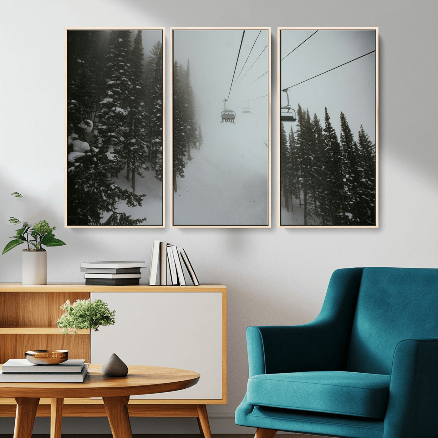 87018452-MGV-FC-48X32-3P_Natural-Ski Lift Wall Art Canvas Print – Snowy Pines Misty Landscape Winter Serenity Artwork for Home, Office Decor