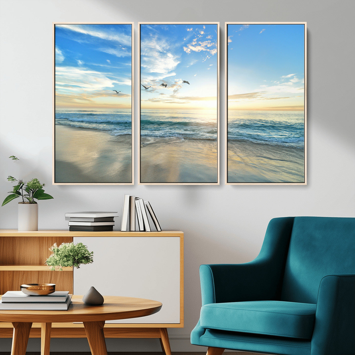 20708696-MGV-FC-48X32-3P_Natural-Minimalist Seaside Wall Art Canvas Print – Morning Glow Golden Reflections Coastal Nature Artwork for Home, Office