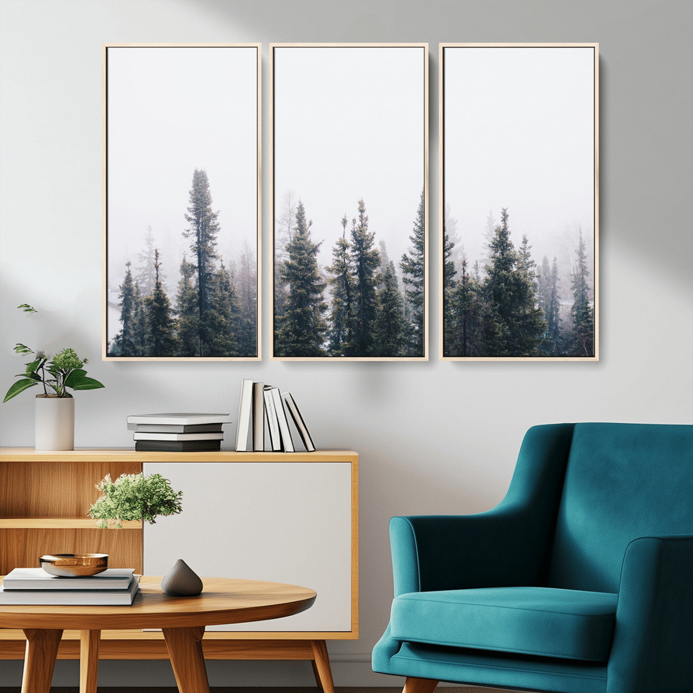 -Foggy Forest Wall Art Canvas Print – Framed Misty Pines Moody Woodland Nature Scene Artwork for Home Office