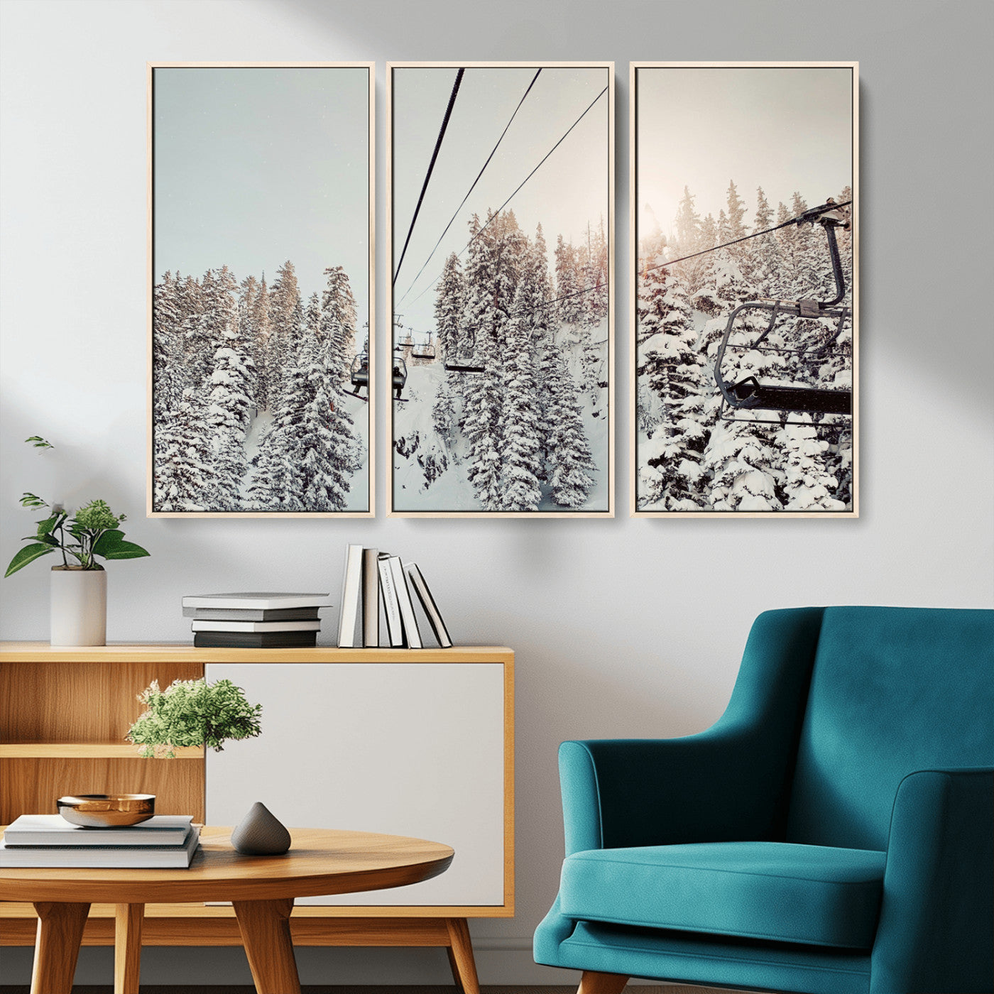 91534512-MGV-FC-48X32-3P_Natural-Frosty Pines Wall Art Canvas Print – Framed Cozy Cabin Ski Lift Ride Winter Scene Artwork for Home Office