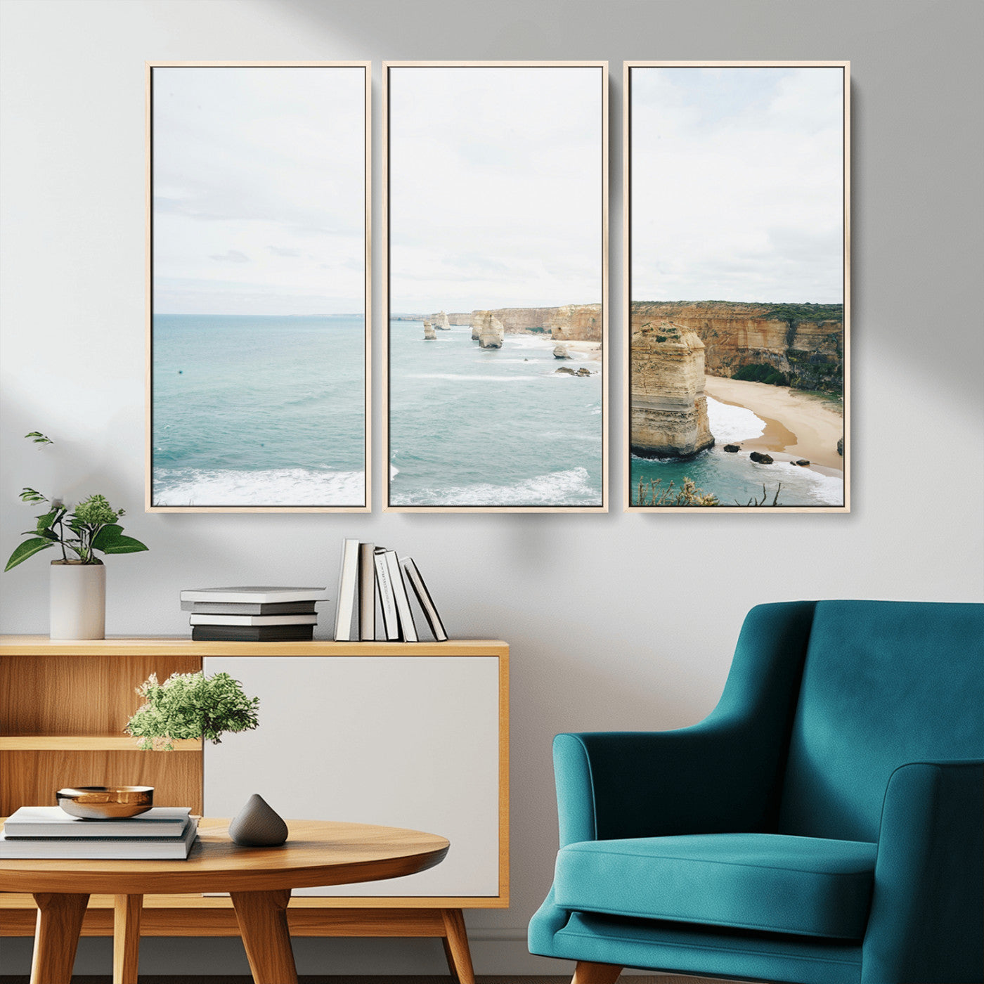 70095633-MGV-FC-48X32-3P_Natural-Twelve Apostles Wall Art Canvas Print – Framed Coastal Cliffs Rugged Rock Formations Artwork for Home Office