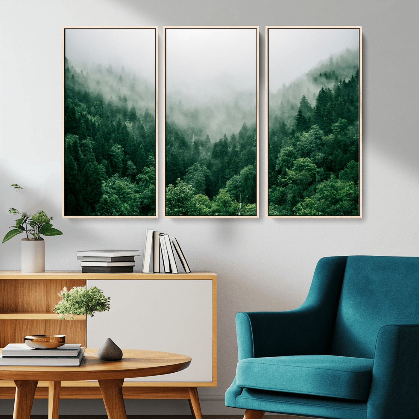 45265379-MGV-CV-36X24-Misty Green Forest Canvas Print – Framed Serene Foggy Pine Landscape Tranquil Nature Wall Art for Home, Office