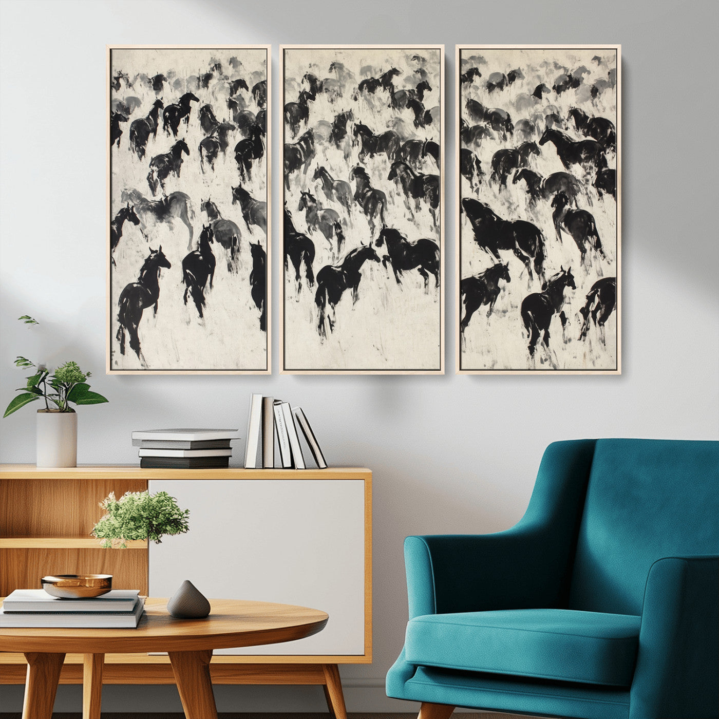 -Wild Horse Stampede Wall Art Canvas Print – Monochrome Running Horses Dynamic Motion Elegant Scene Artwork for Home, Office
