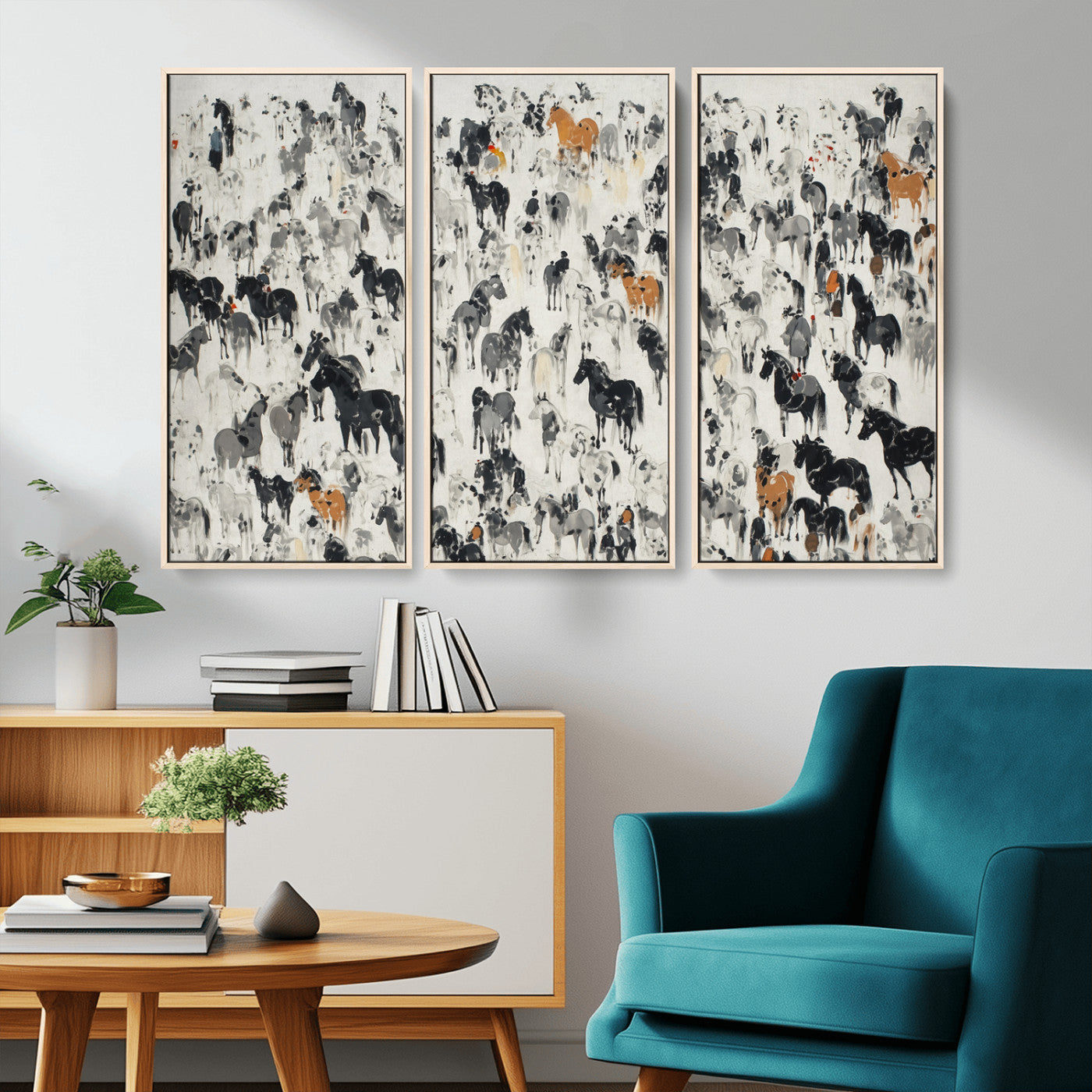 56463722-MGV-CV-36X24-Wild Horse Stampede Wall Art Canvas Print – Monochrome Running Horses Dynamic Motion Elegant Scene Artwork for Home, Office