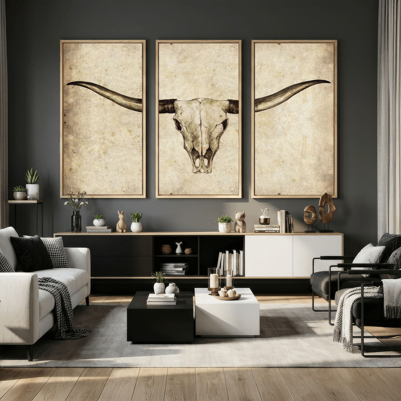 42788678-MGV-CV-36X24 - Longhorn Skull Wall Art Canvas Print – Rustic Western Artwork Print for Living Room Wall Decor