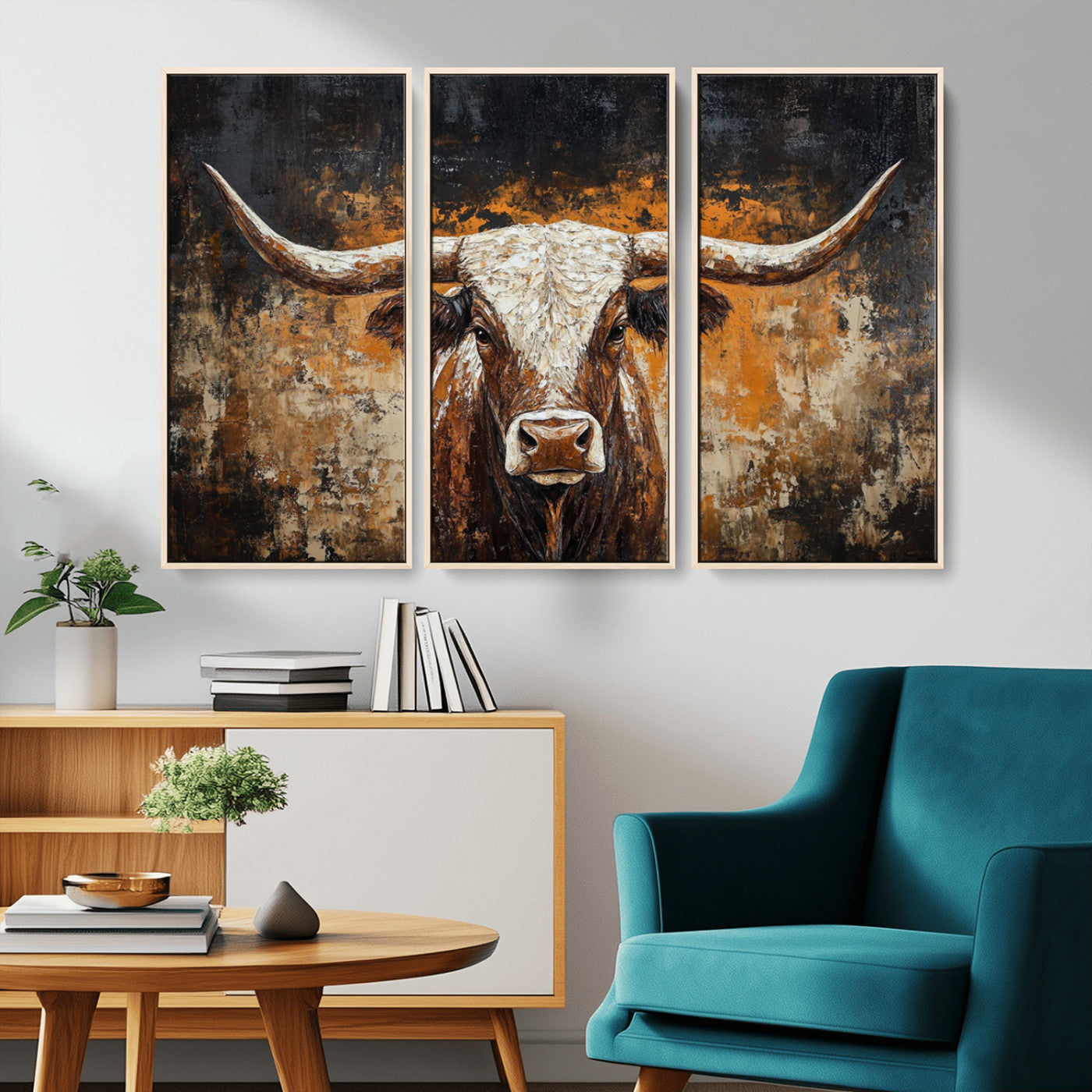 25265572-MGV-CV-36X24-Rustic Longhorn Bull Wall Art Canvas Print – Vintage Western Cattle Scene, Texas Steer Artwork for Home, Office