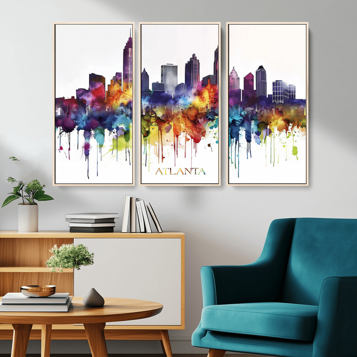 36048320-MGV-CV-36X24-Atlanta Skyline Wall Art Canvas Print – Framed Colorful Watercolor Cityscape Abstract Urban Artwork for Home, Office