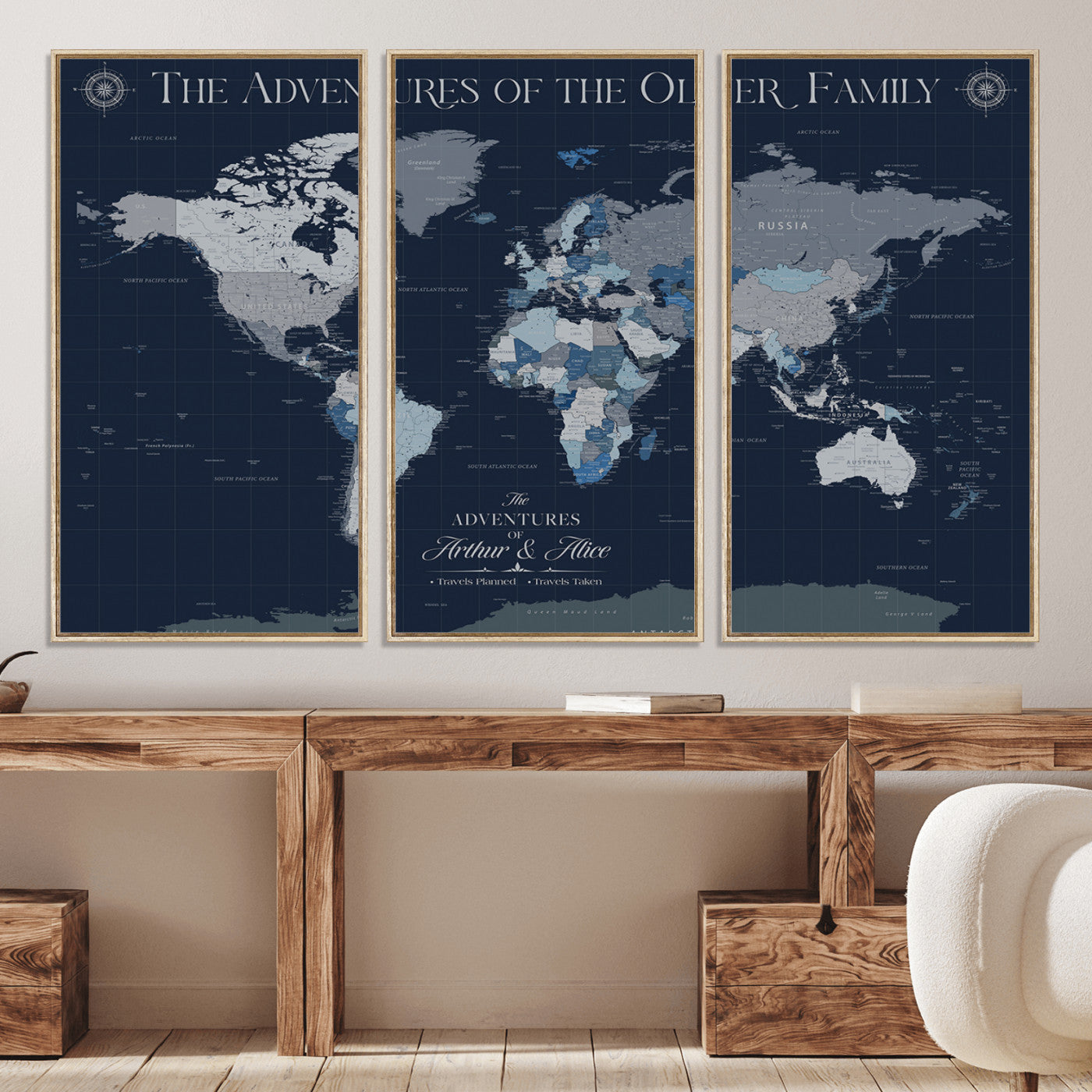 -Personalized Family Adventure World Map – Custom Framed Push Pin Travel Tracker Canvas, Elegant Wall Art for Home, Office