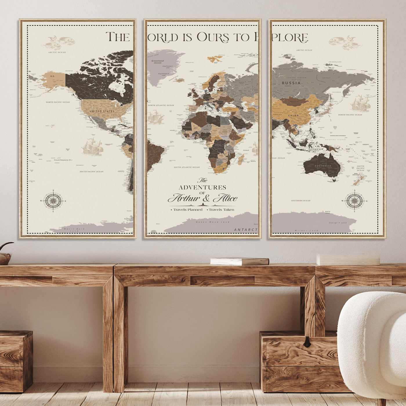 -Personalized World Map Canvas Custom Framed Push Pin Travel Tracker Contemporary Wall Art Gift Couples Explorers Home Office