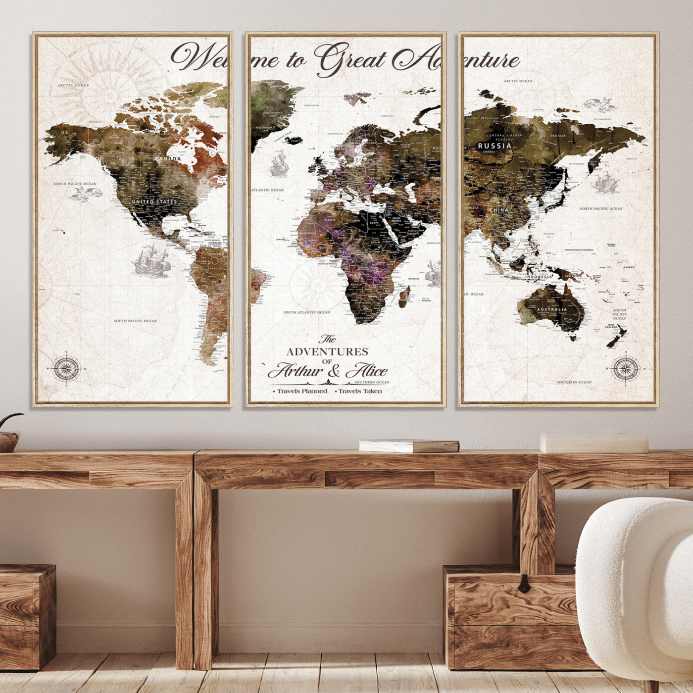 -Personalized World Map Canvas Custom Framed Push Pin Travel Tracker Vintage Adventure Wall Art Gift Couples Travelers Home, Office