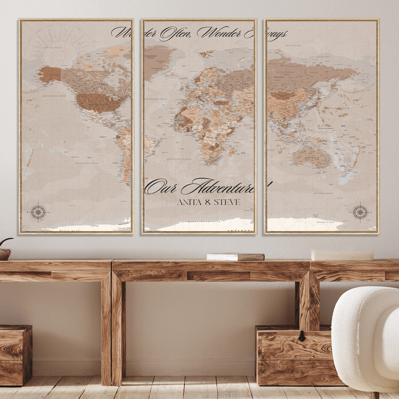 -Personalized World Map Canvas Custom Framed Push Pin Travel Tracker Elegant Neutral Wall Art Gift Couples Travelers for Home, Office