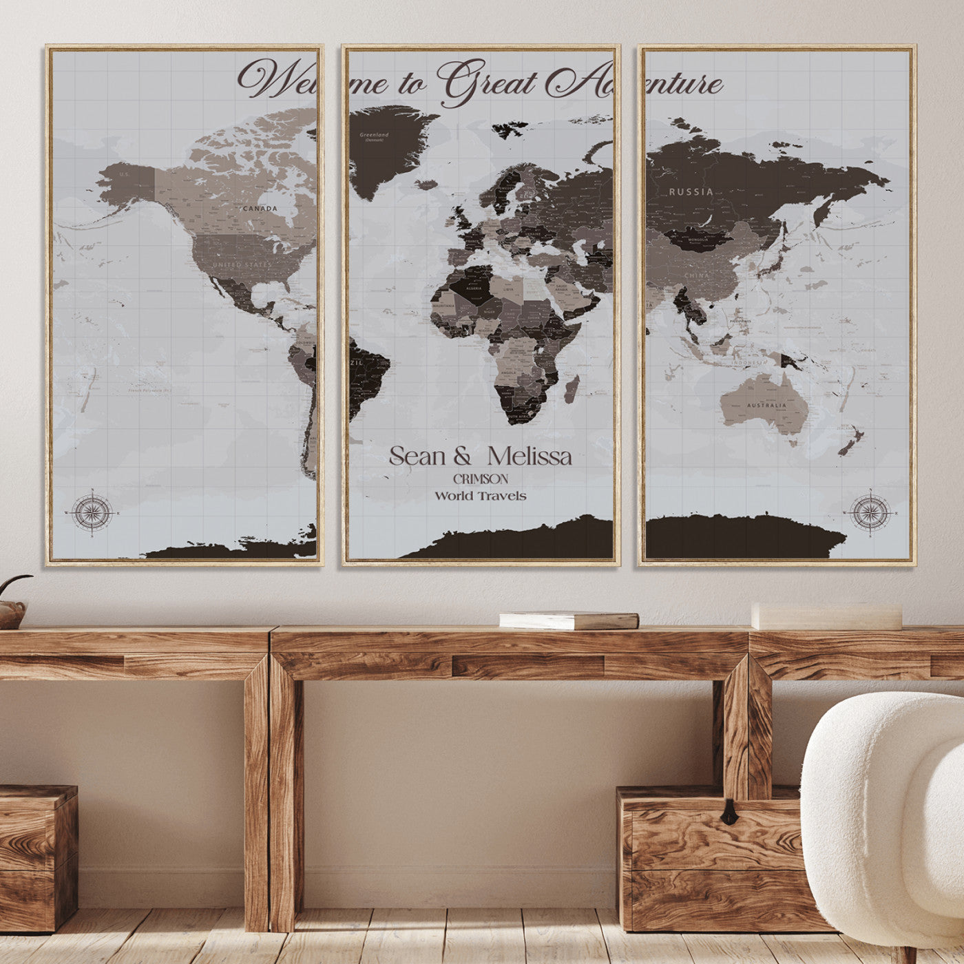 -Personalized Gray Brown World Map Canvas Custom Framed Push Pin Travel Tracker Modern Neutral Wall Art Gift Couples for Home, Office