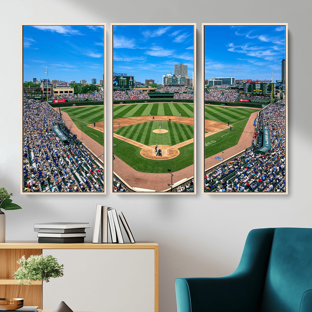 35800083-MGV-FC-48X32-3P - Wrigley Field Baseball Stadium Canvas Wall Art – Packed Crowd Sports Stadium City Skyline Artwork for Home Office