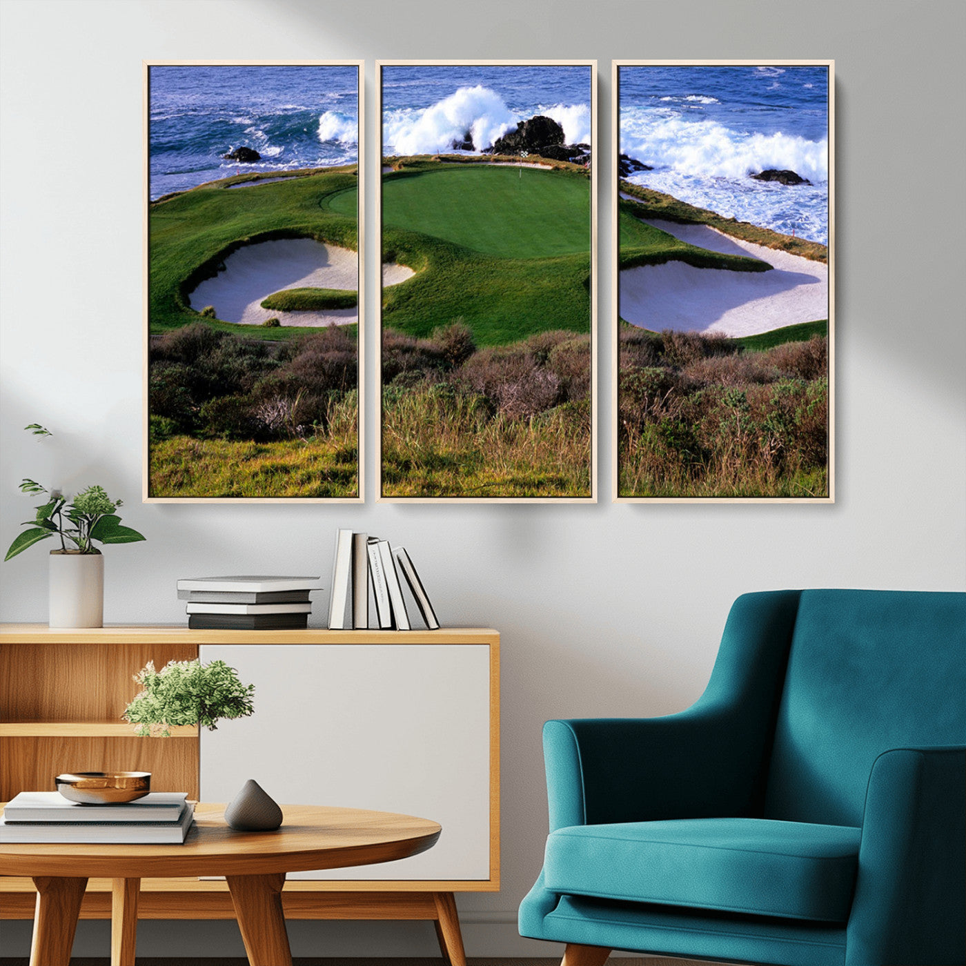 22776914-MGV-CV-36X24-Ocean Cliff Golf Green Canvas Print – Framed Majestic Coastal Scene with Lush Green Artwork for Home, Office