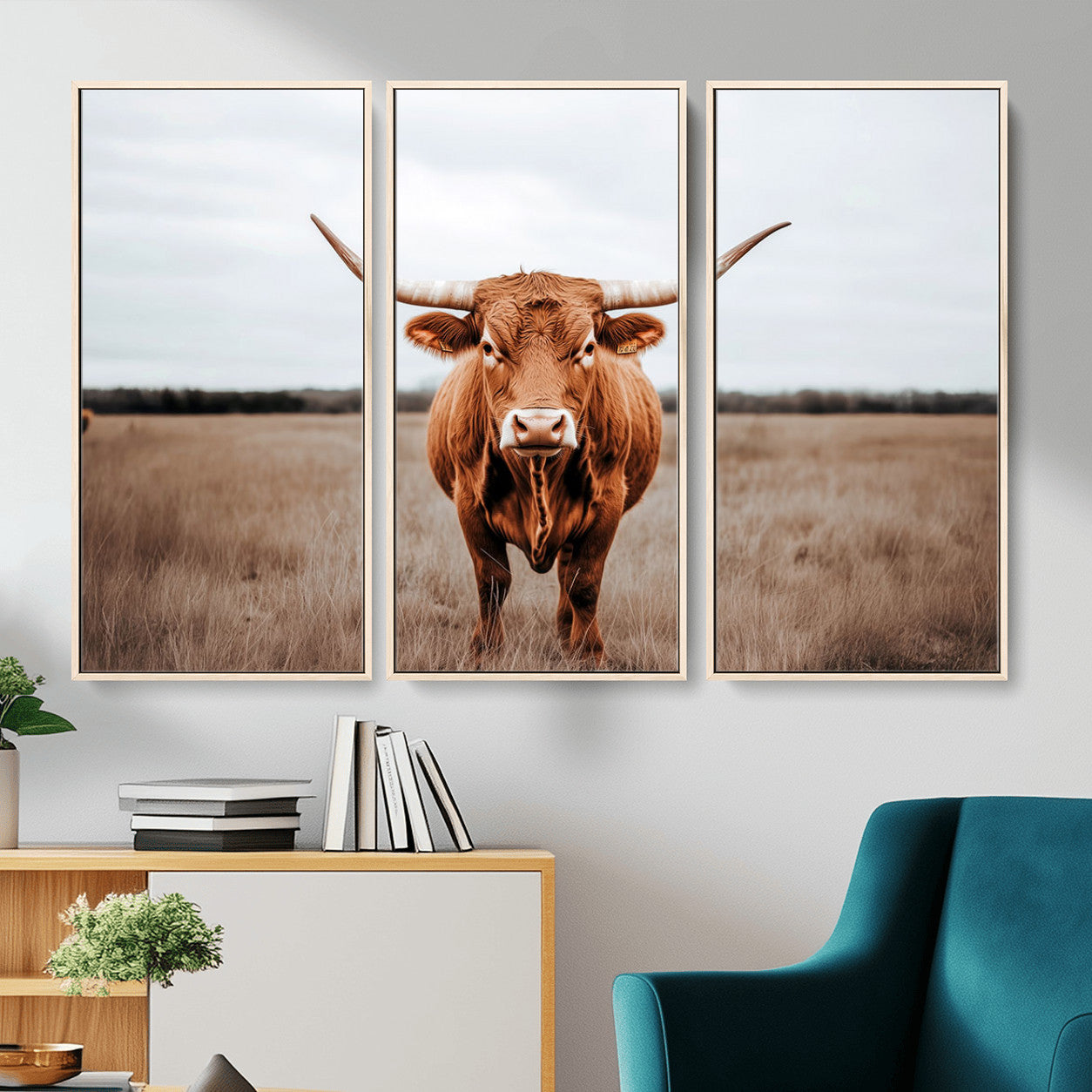 16316734-MGV-FC-48X32-3P - Longhorn bull, open field, rustic charm, natural beauty, Wall Art Canvas Print, countryside,