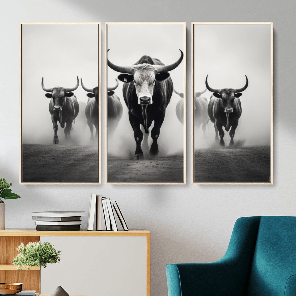 N34534C-MGV-FC-48X32-3P - Texas Bighorn Cow Hern Wall Art Canvas Print, Longhorn Cow Large Wall Art