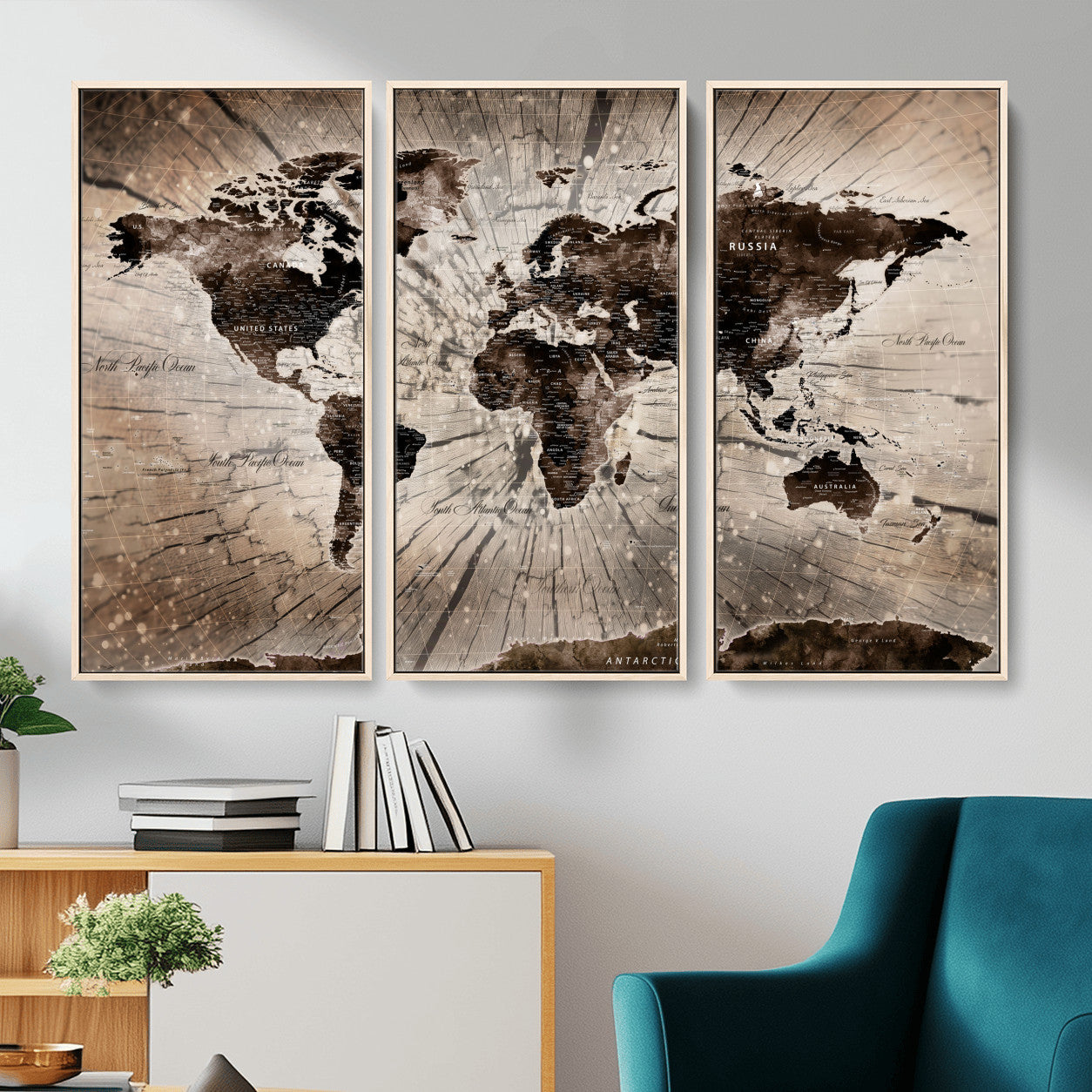 35326624-MGV-FC-48X32-3P - World Map Wall Art Canvas Print, Modern Decorative Framed Map Artwork Prints for Living Room, Office, Bedroom Wall Decor
